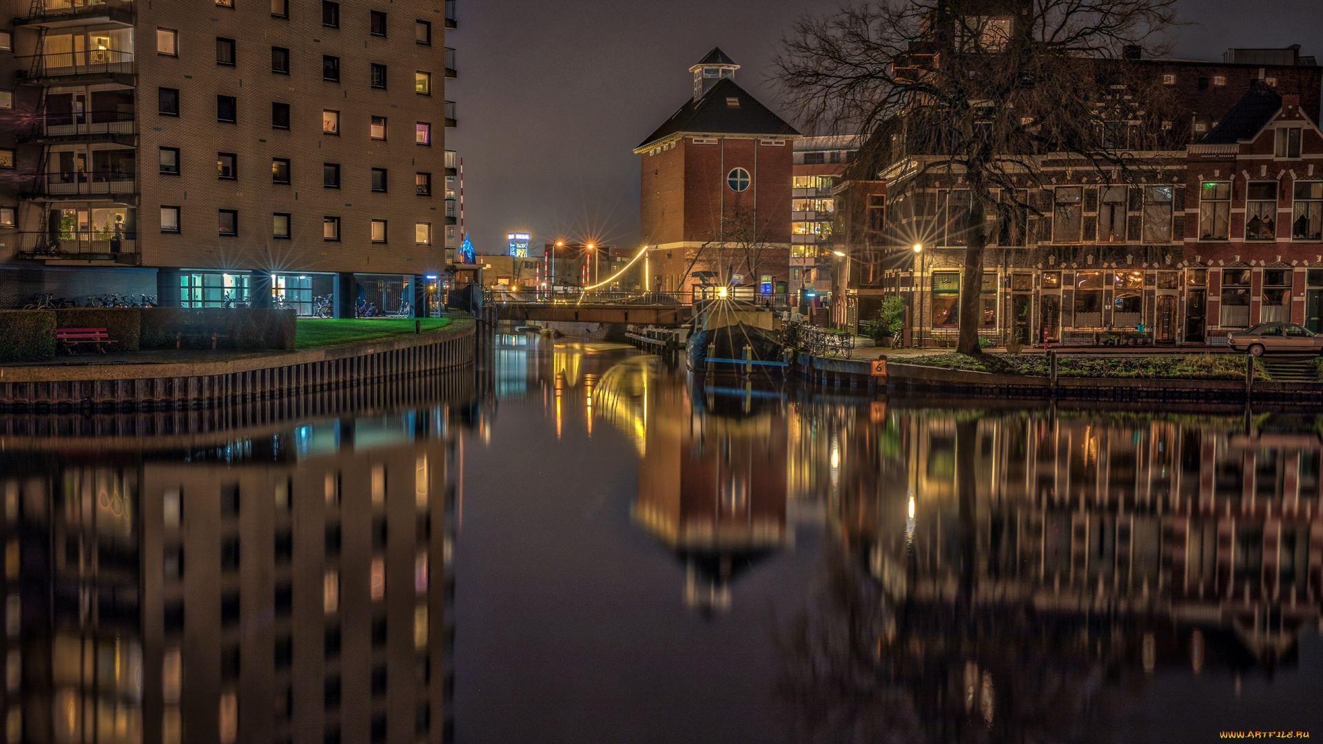 города, -, огни, ночного, города, вода, нидерланды, огни, дерево, канал, ночь, фонари, река