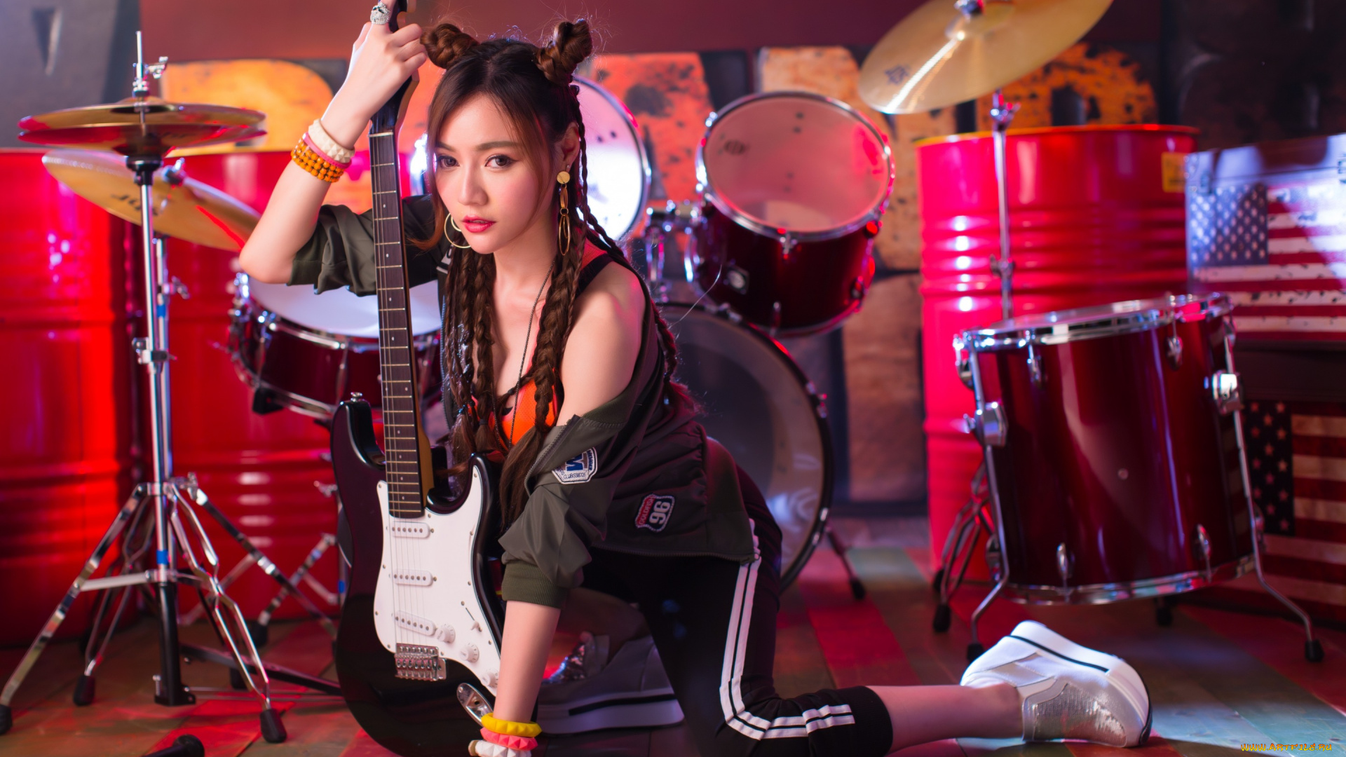 музыка, -другое, лицо, поза, стиль, взгляд, барабаны, девушка, гитара