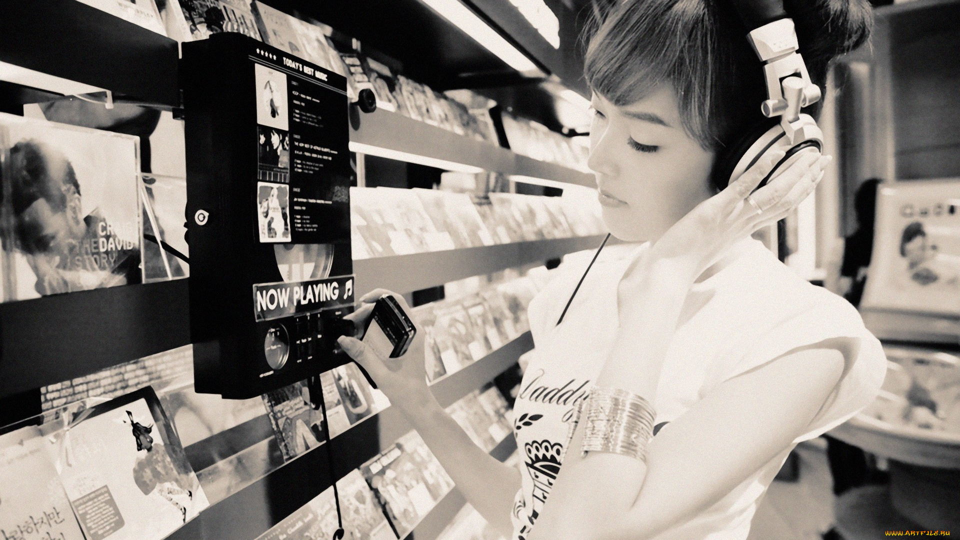 музыка, -другое, наушники, магазин, девушка