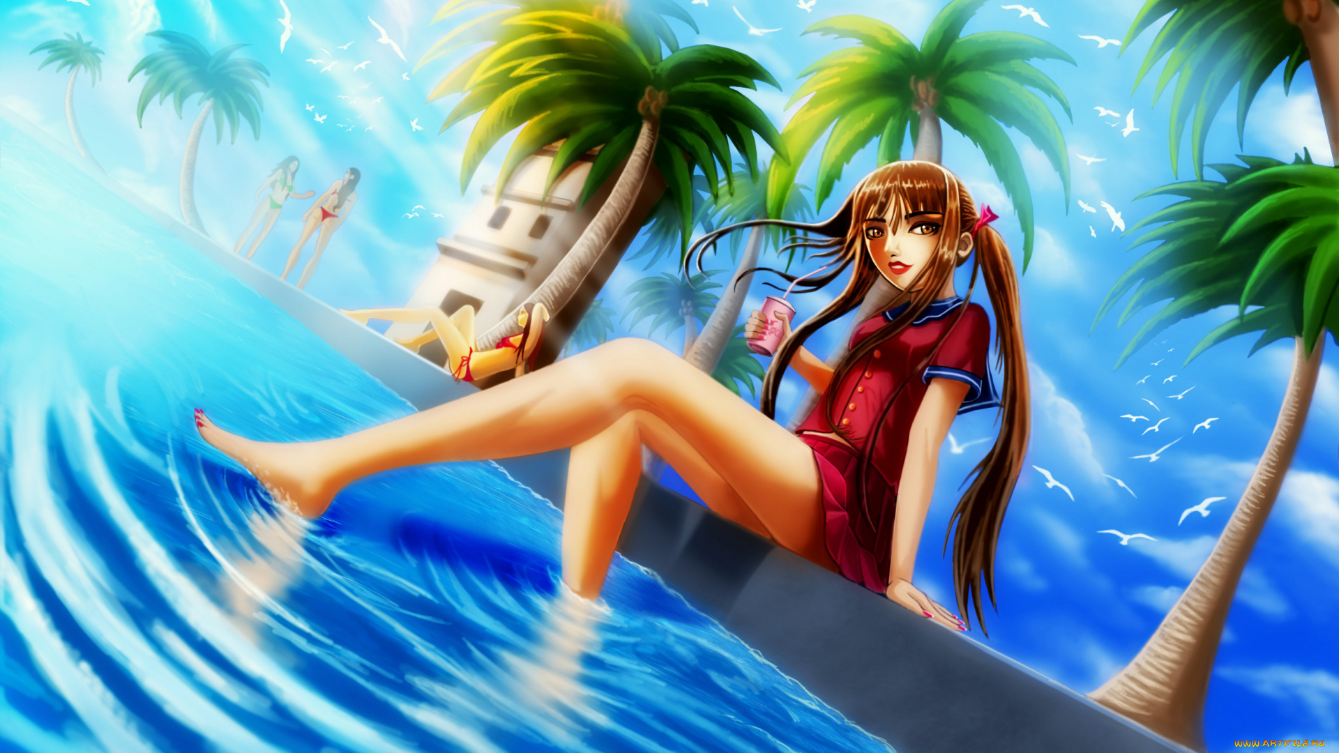 разное, арты, фон, бассейн, девушка, взгляд