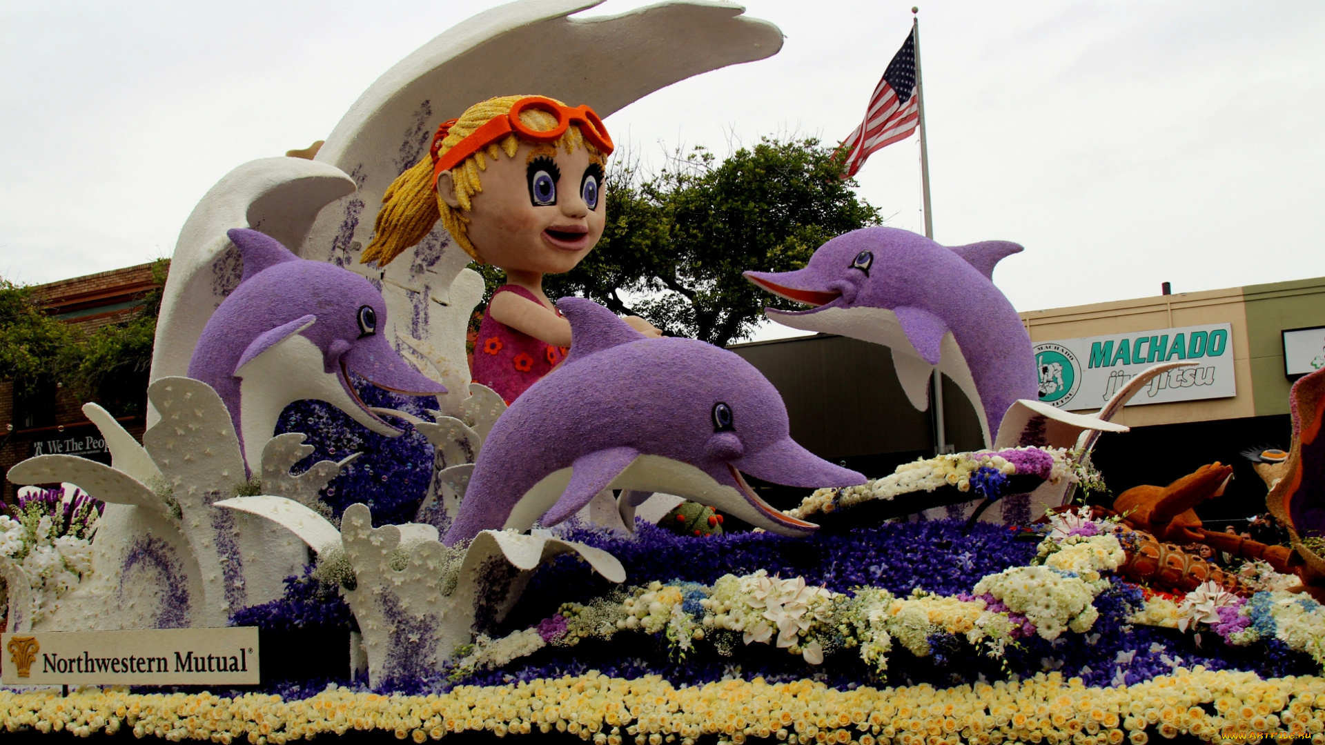 разное, садовые, и, парковые, скульптуры, скульптура, парк, сша, девочка, дельфины, флаг, цветы