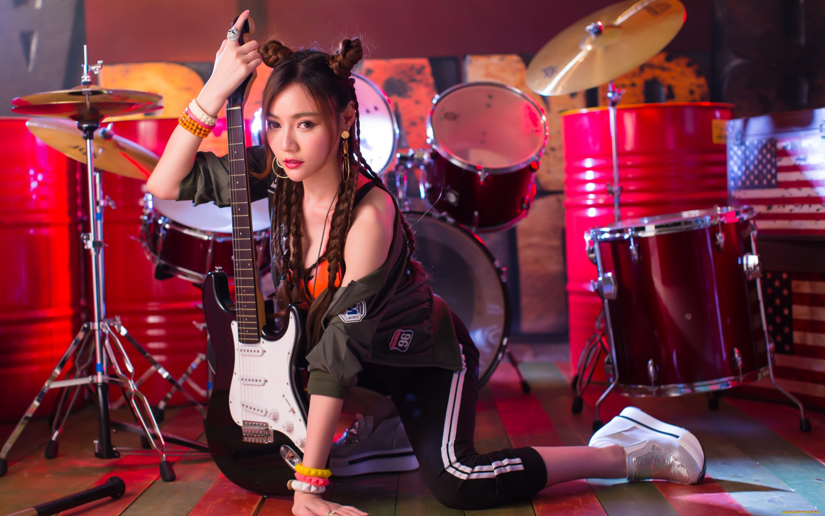 музыка, -другое, лицо, поза, стиль, взгляд, барабаны, девушка, гитара