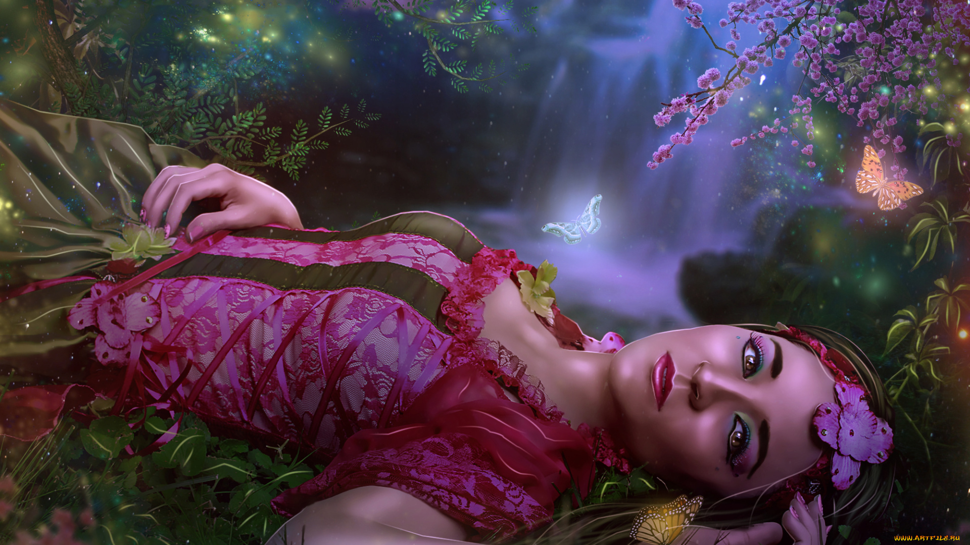 фэнтези, фотоарт, бабочка, платье, взгляд, фон, девушка