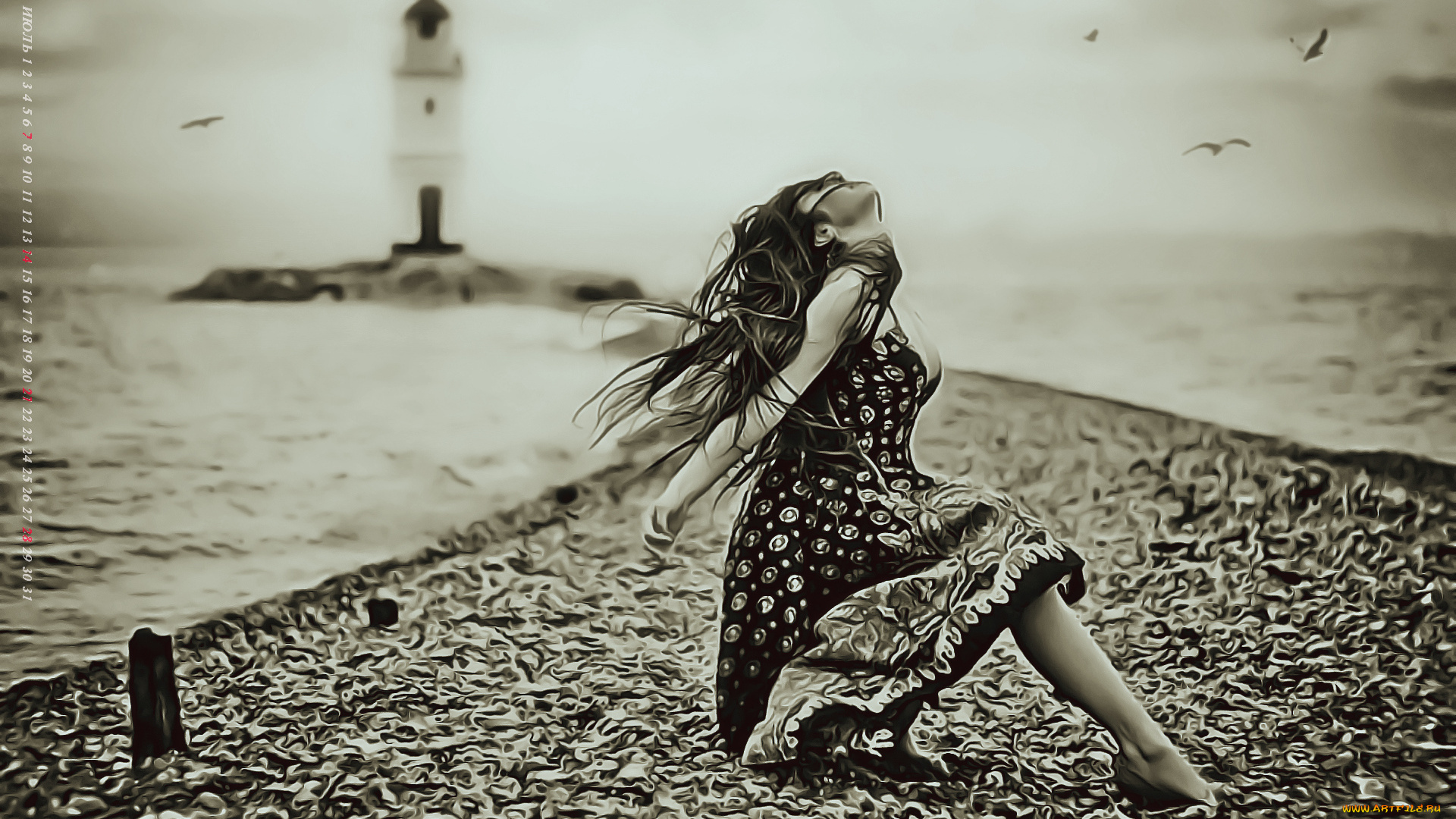 календари, компьютерный, дизайн, женщина, маяк, камень, девушка, водоем, 2019, calendar, поза