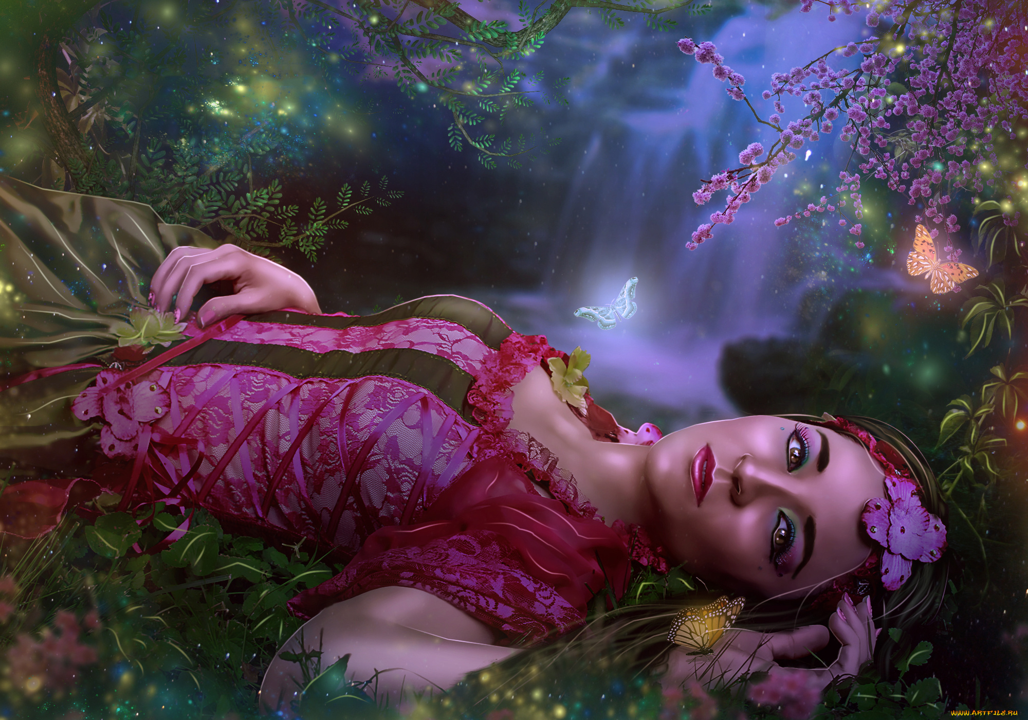 фэнтези, фотоарт, бабочка, платье, взгляд, фон, девушка