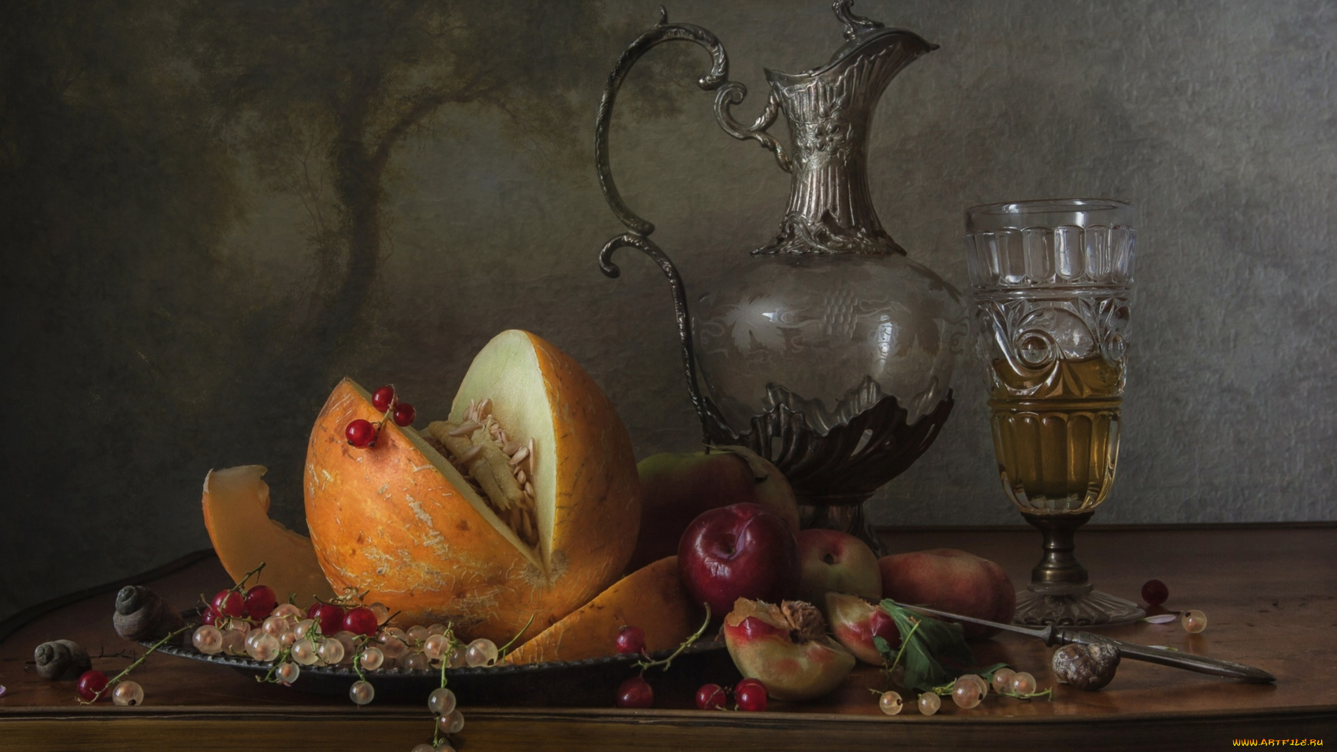 еда, натюрморт, дыня, вино, смородина