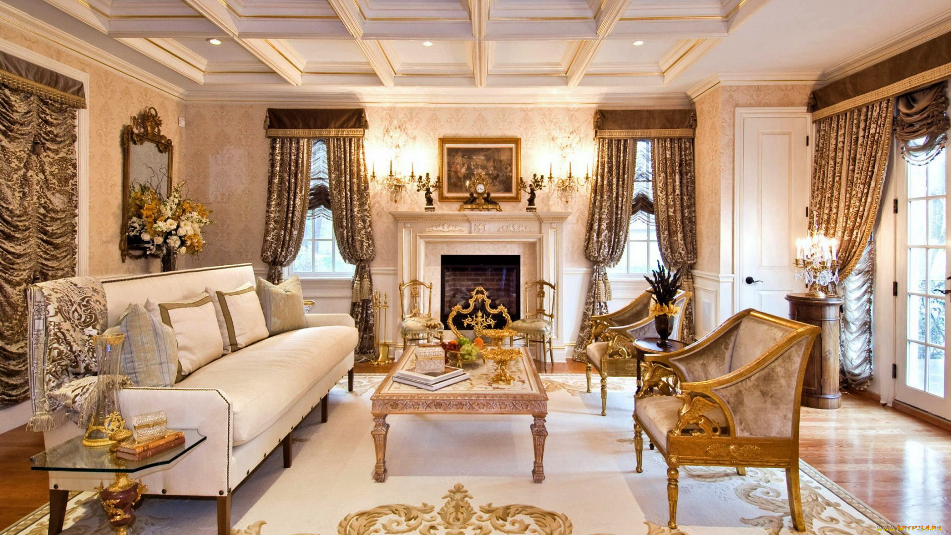 интерьер, гостиная, ковер, диван, камин