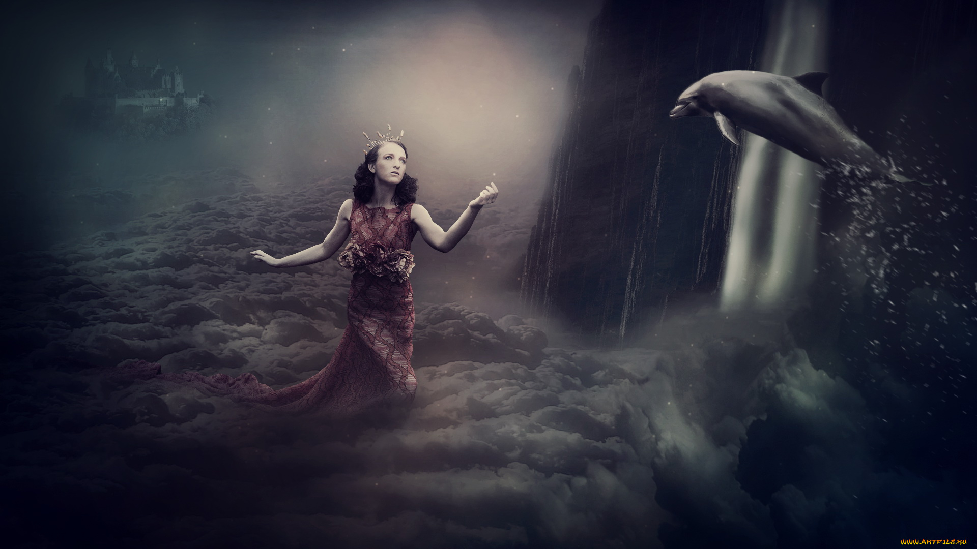 разное, компьютерный, дизайн, девушка, фон, корона, принцесса, дельфин