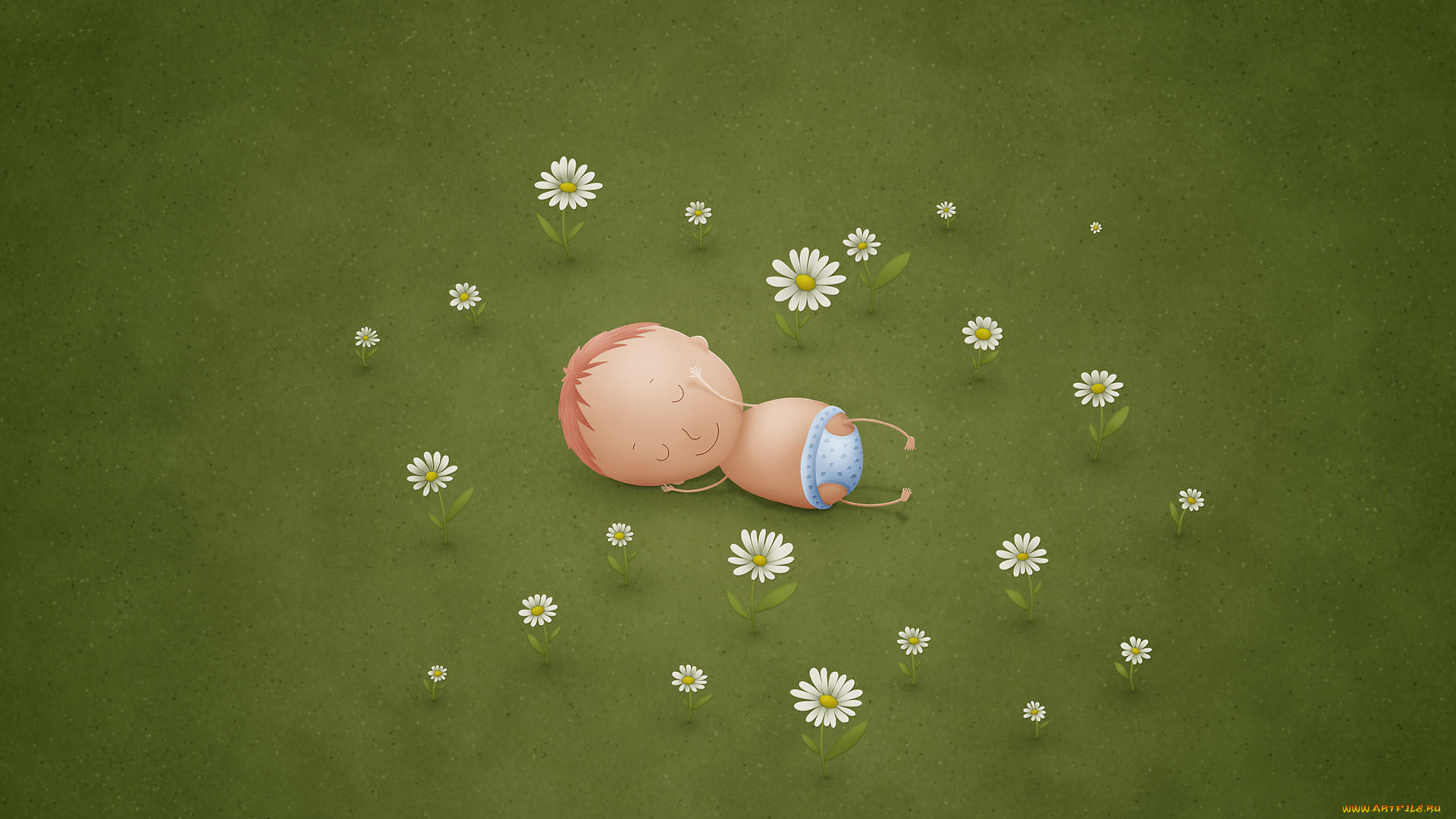 рисованное, vladstudio, ребенок, поляна, цветы