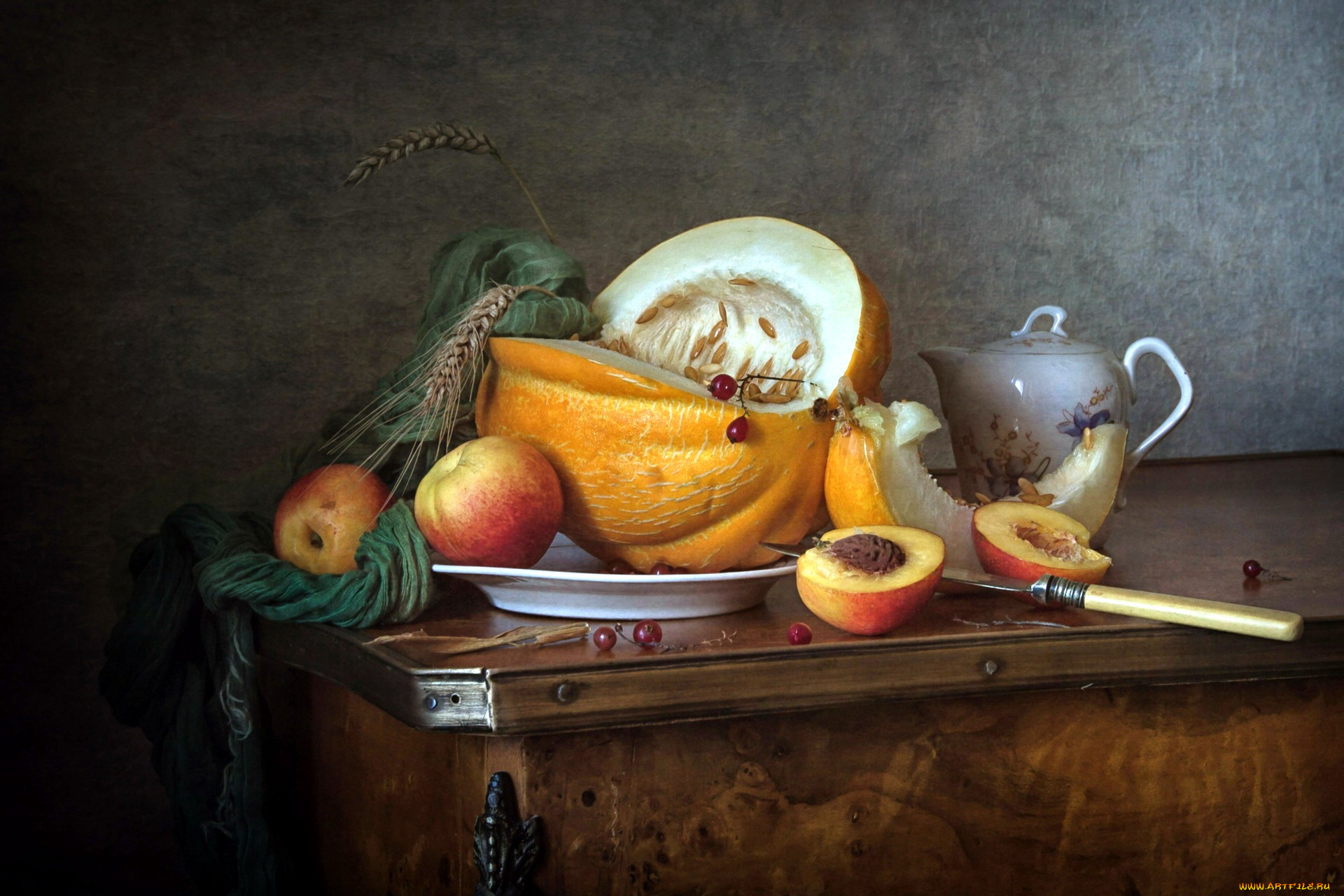 еда, натюрморт, дыня, персик