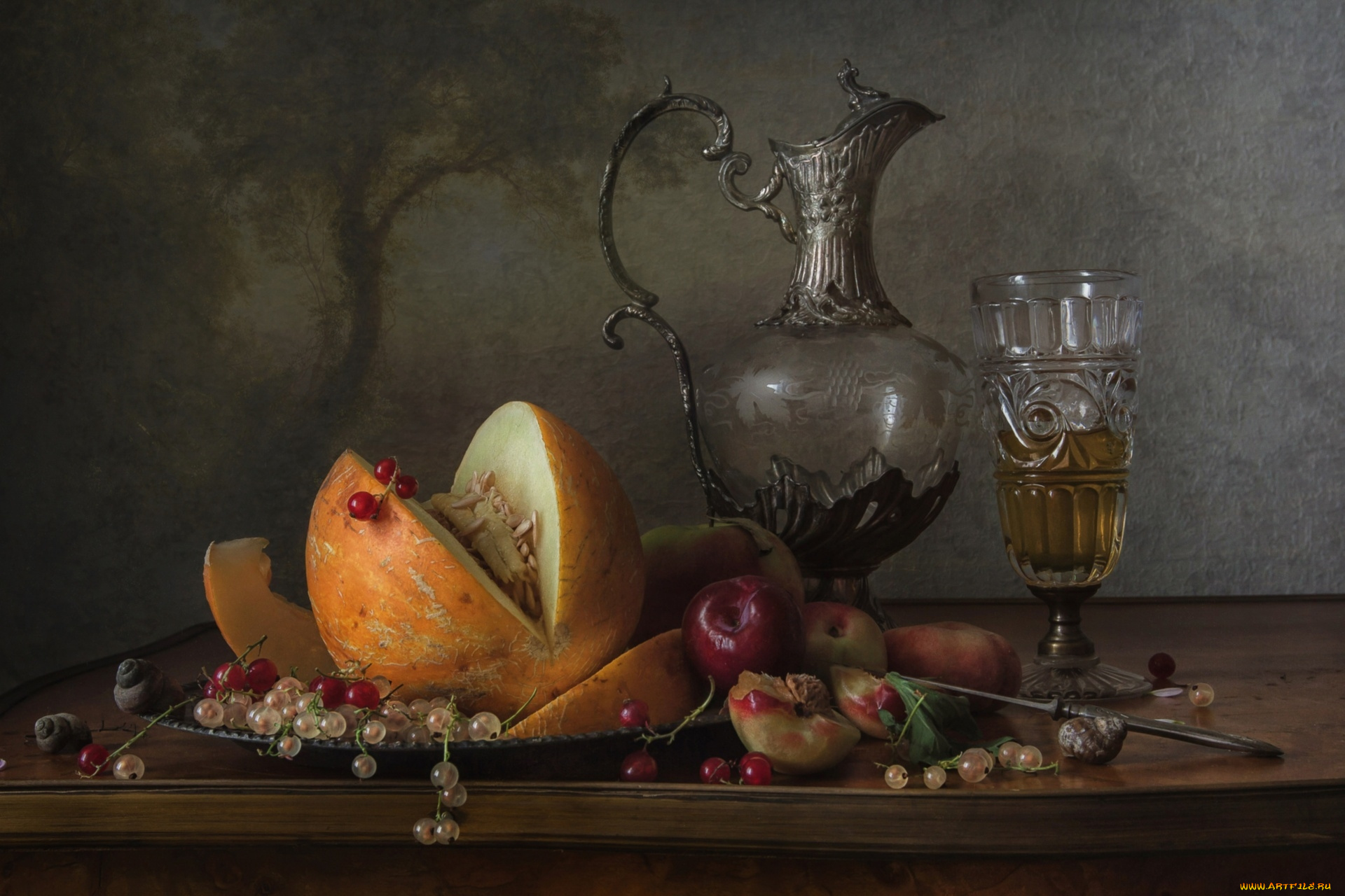 еда, натюрморт, дыня, вино, смородина