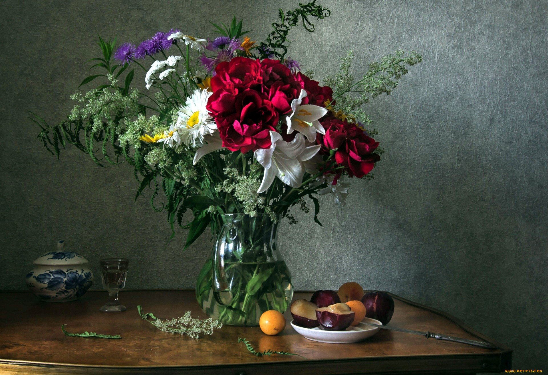еда, натюрморт, сливы, букет, пионы