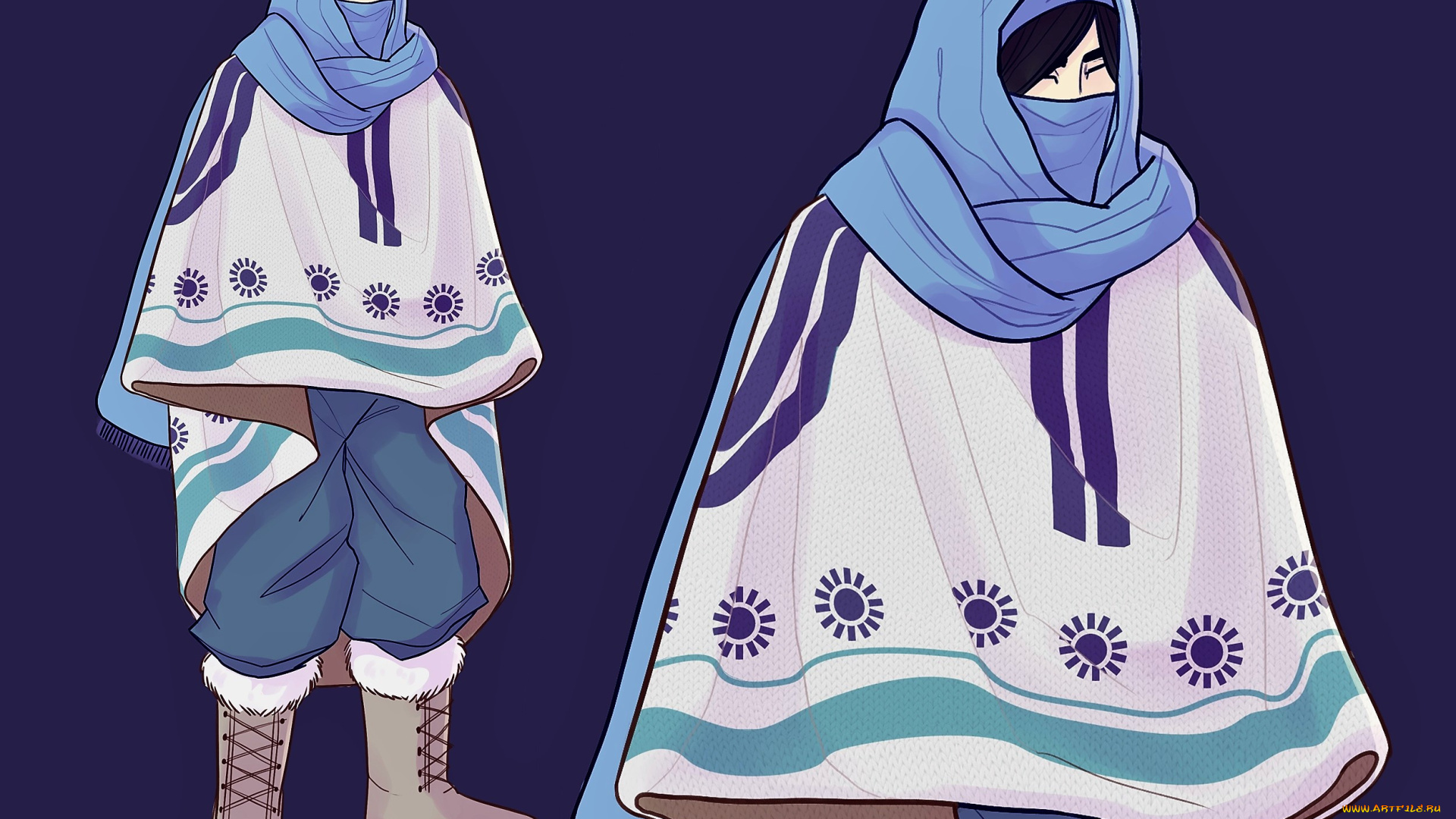 рисованное, люди, человек, шарф, накидка, сапоги