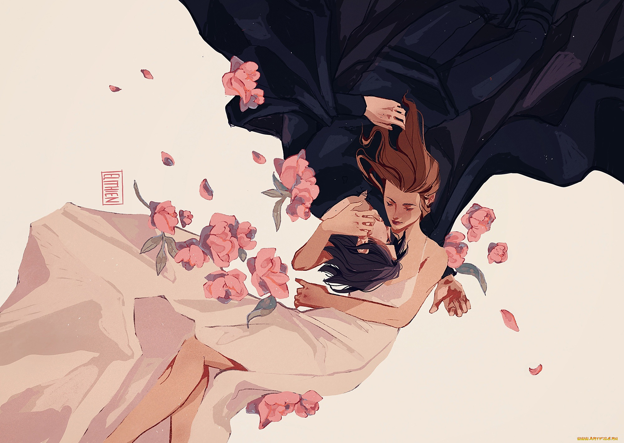 рисованное, люди, женщина, мужчина, цветы