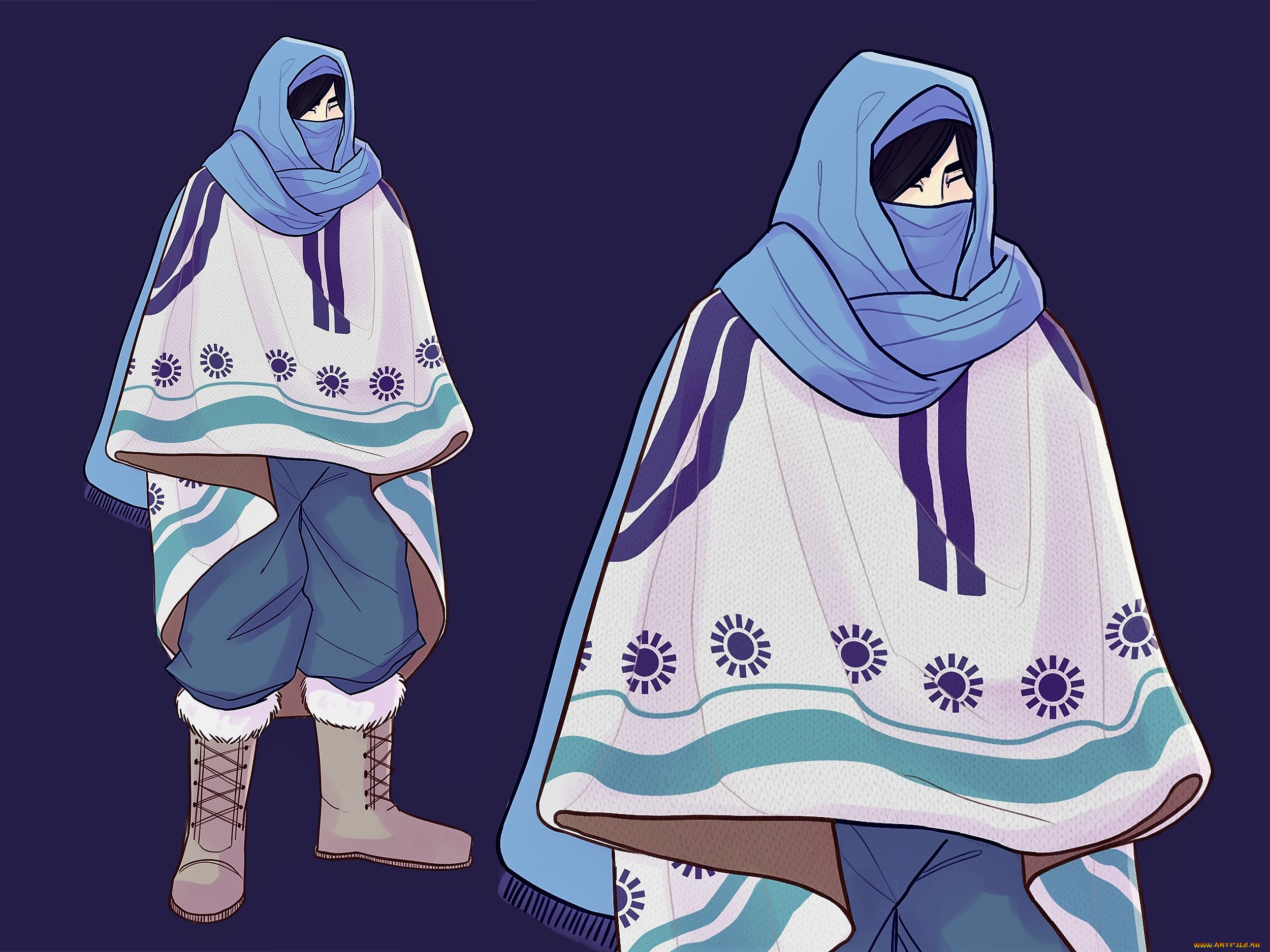 рисованное, люди, человек, шарф, накидка, сапоги