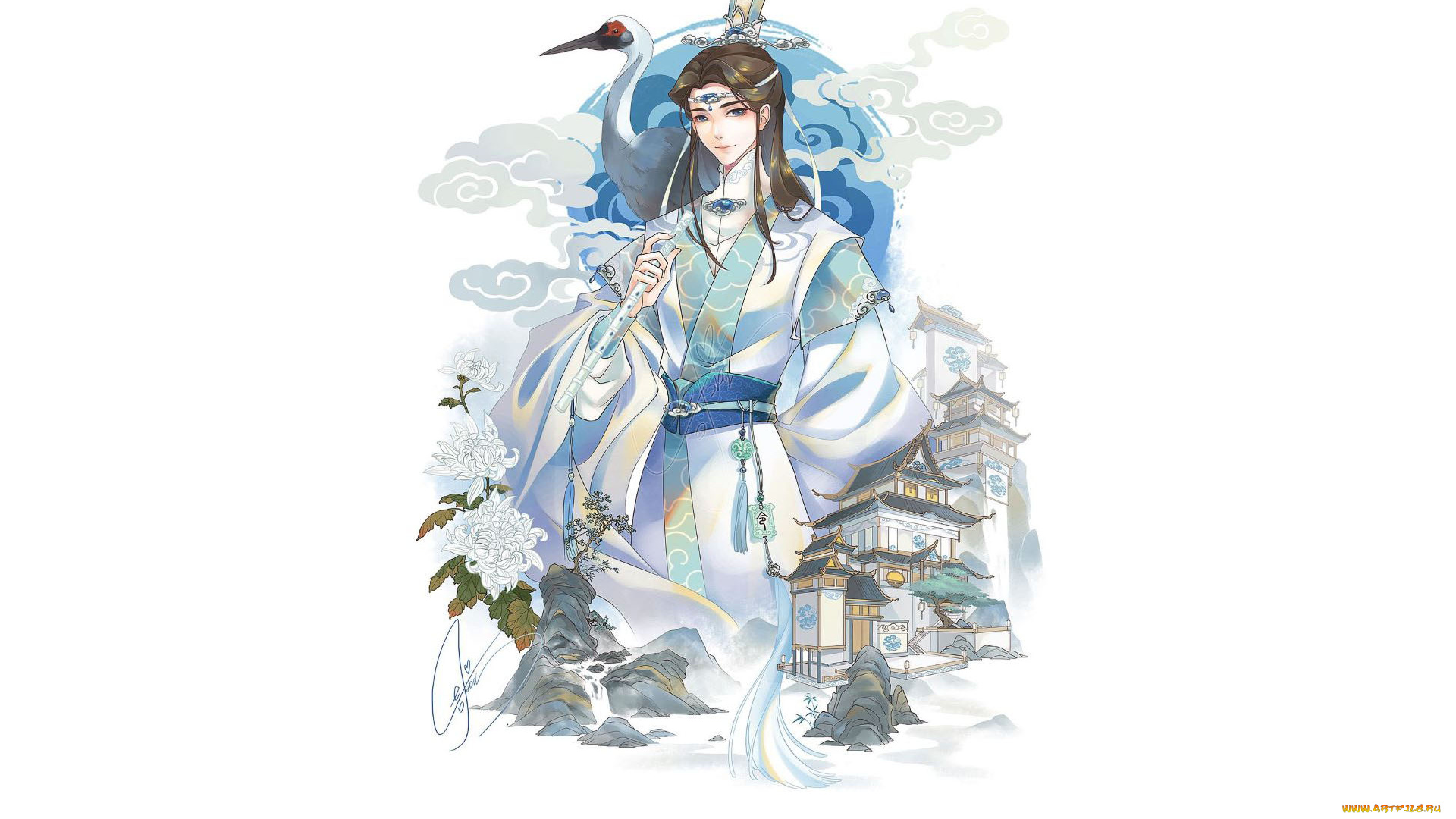 аниме, mo, dao, zu, shi, лань, сичэнь, журавль, цветы, пагоды