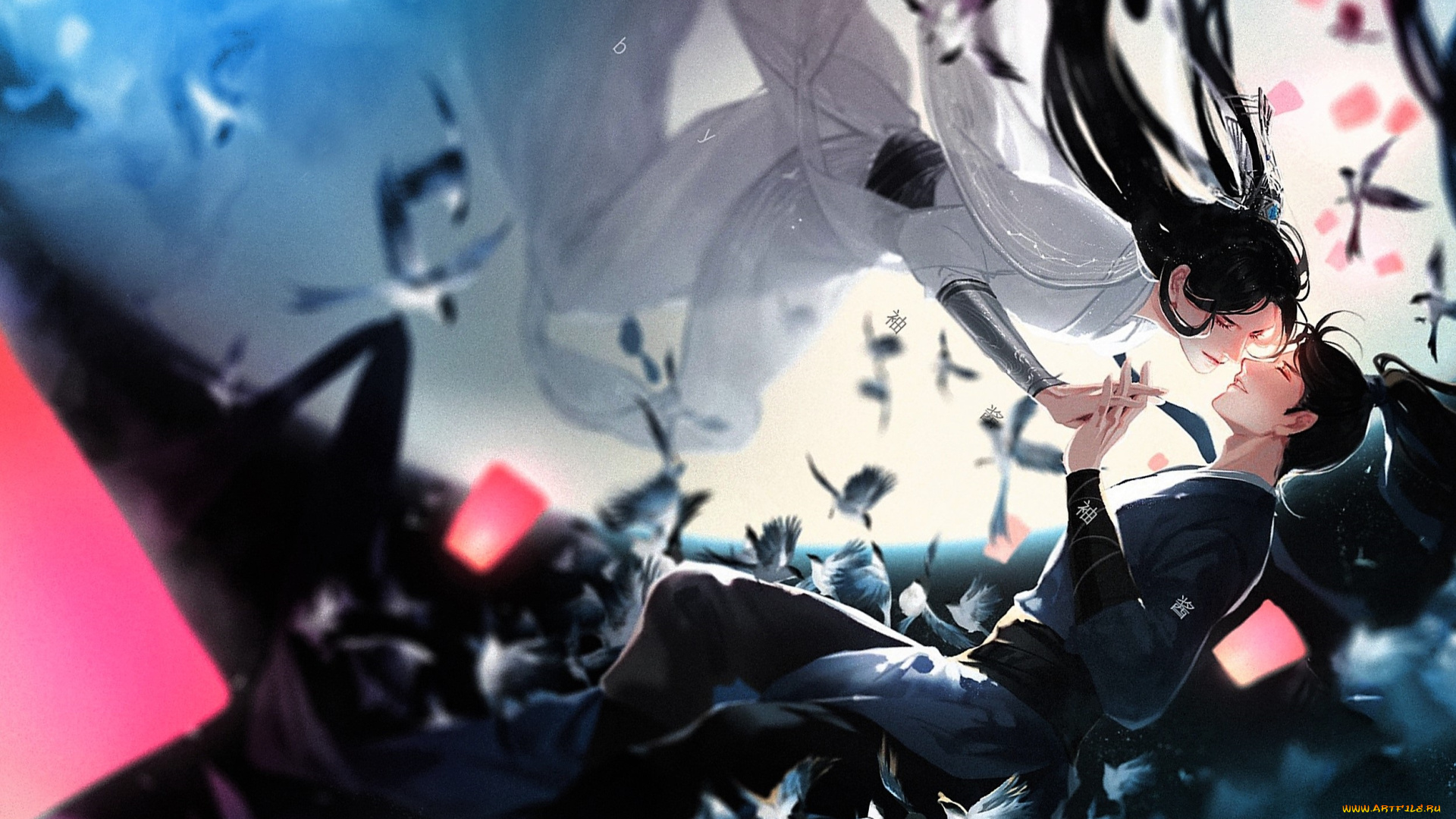 аниме, the, husky, and, his, white, cat, shizun, парни, полет, птицы