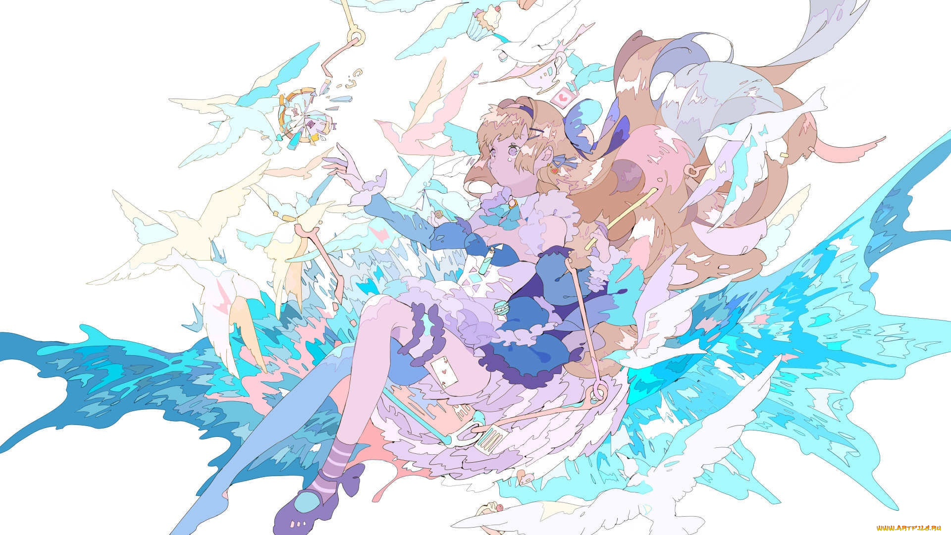 аниме, животные, , существа, девочка, птицы