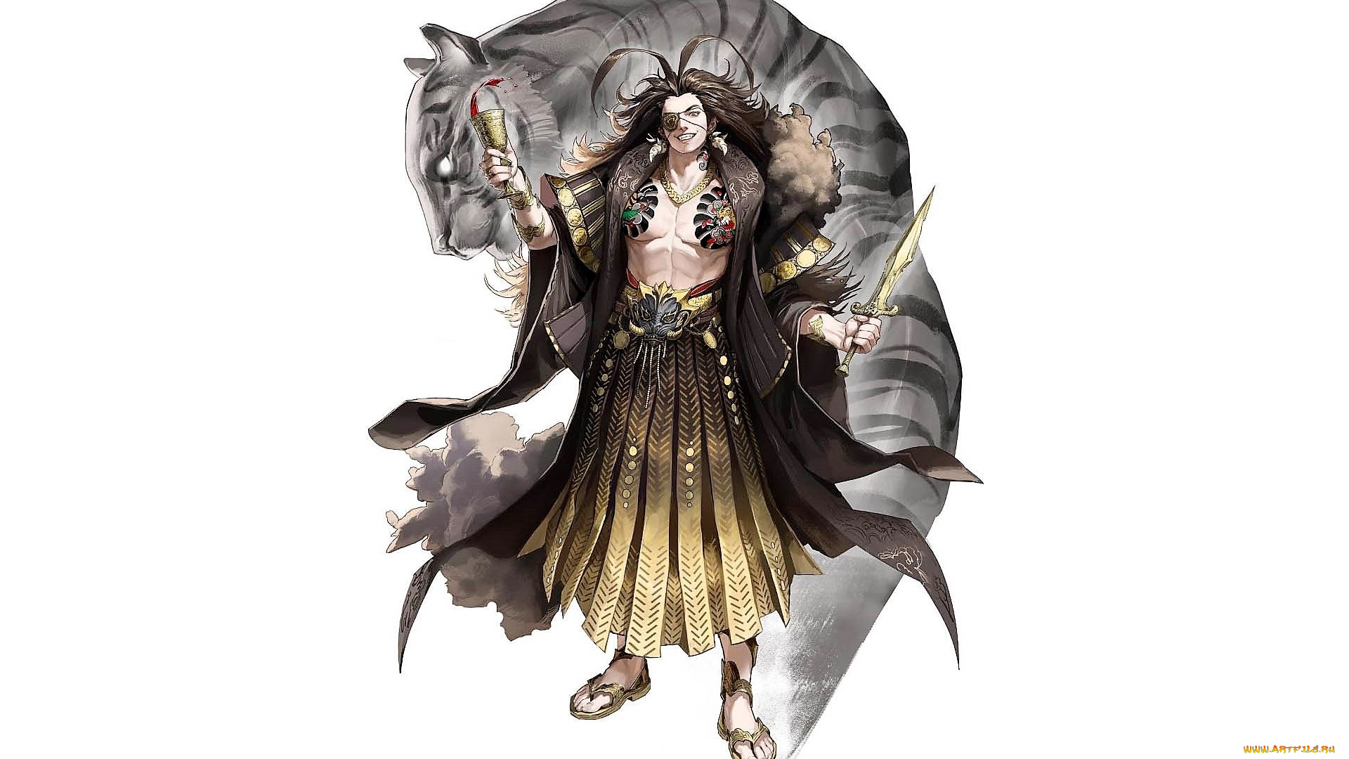 аниме, животные, , существа, мужчина, тигр, кубок, кинжал