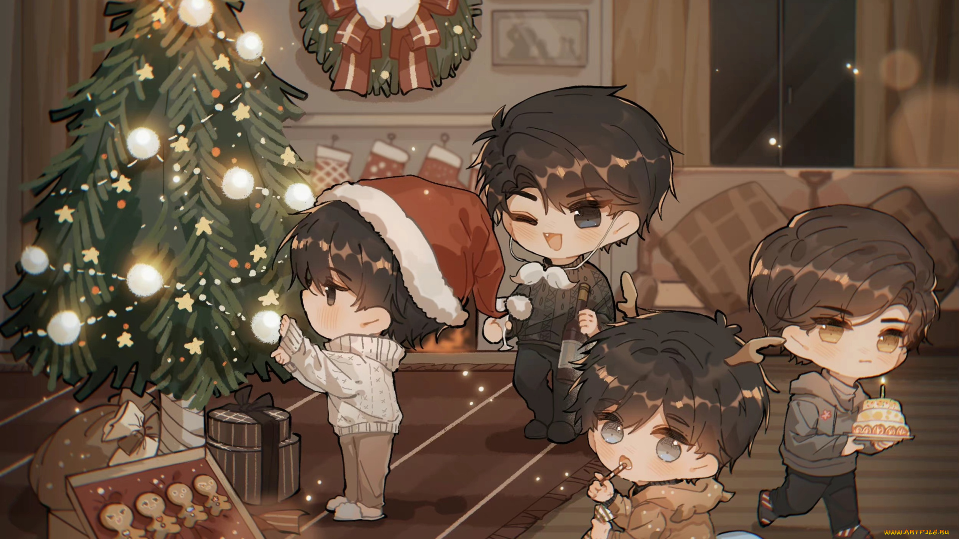 аниме, зима, , новый, год, , рождество, ёлка, новый, год, чиби