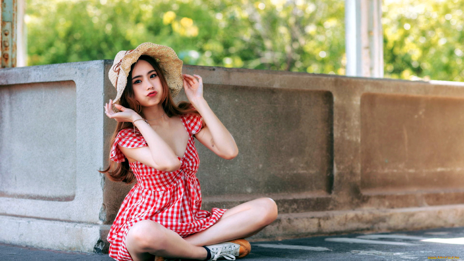 девушки, -, азиатки, азиатка, платье, шляпа