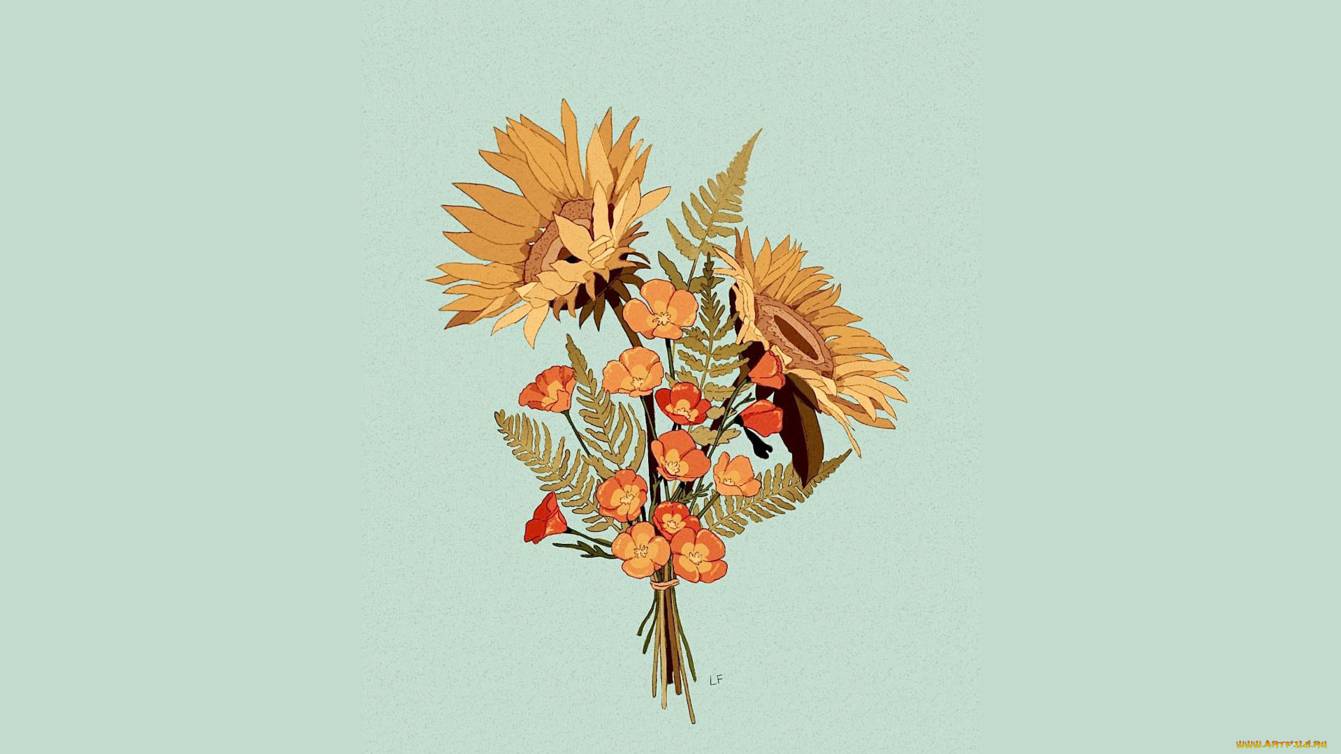 рисованное, цветы, букет, подсолнухи