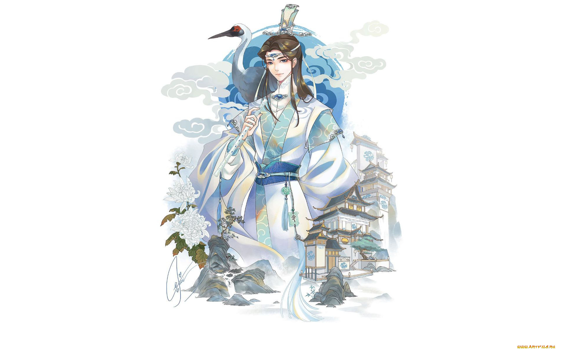 аниме, mo, dao, zu, shi, лань, сичэнь, журавль, цветы, пагоды