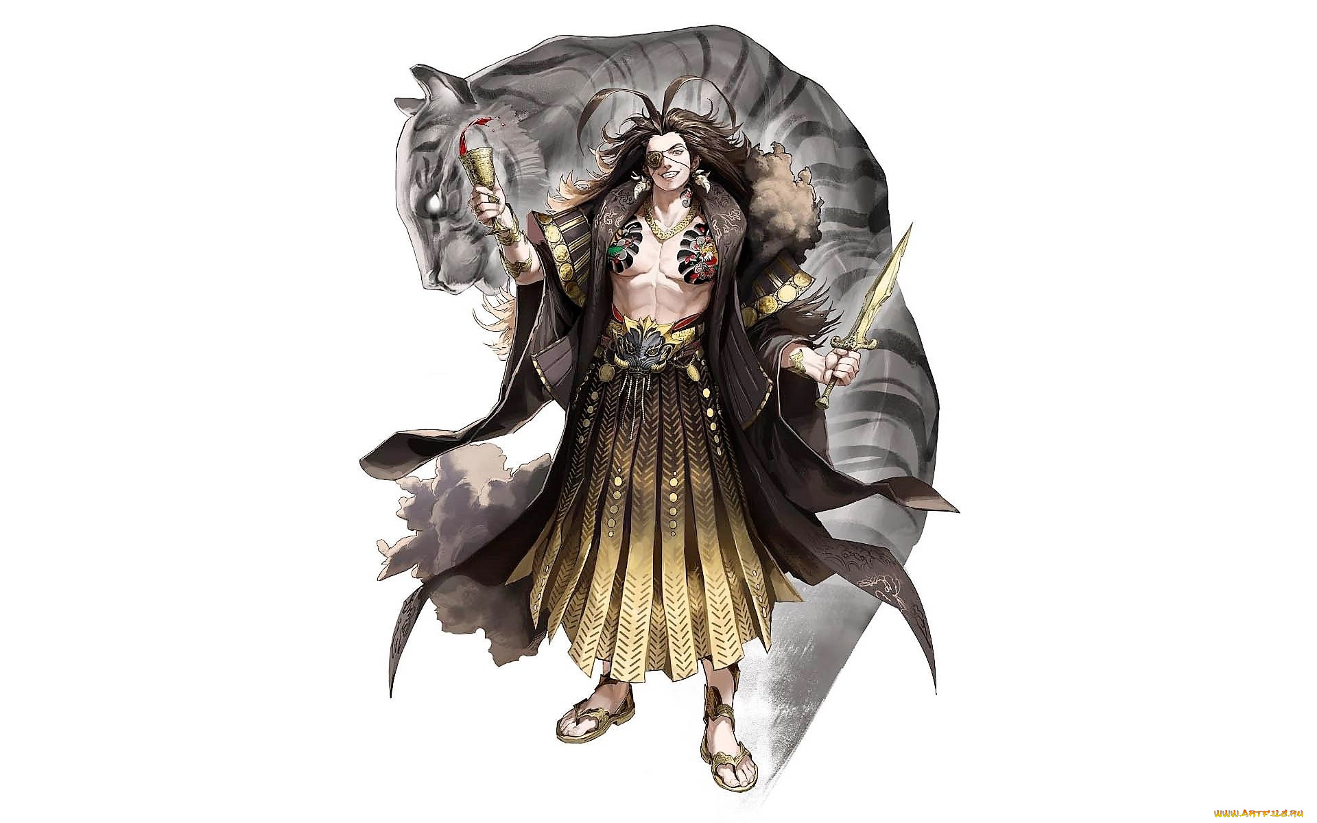 аниме, животные, , существа, мужчина, тигр, кубок, кинжал