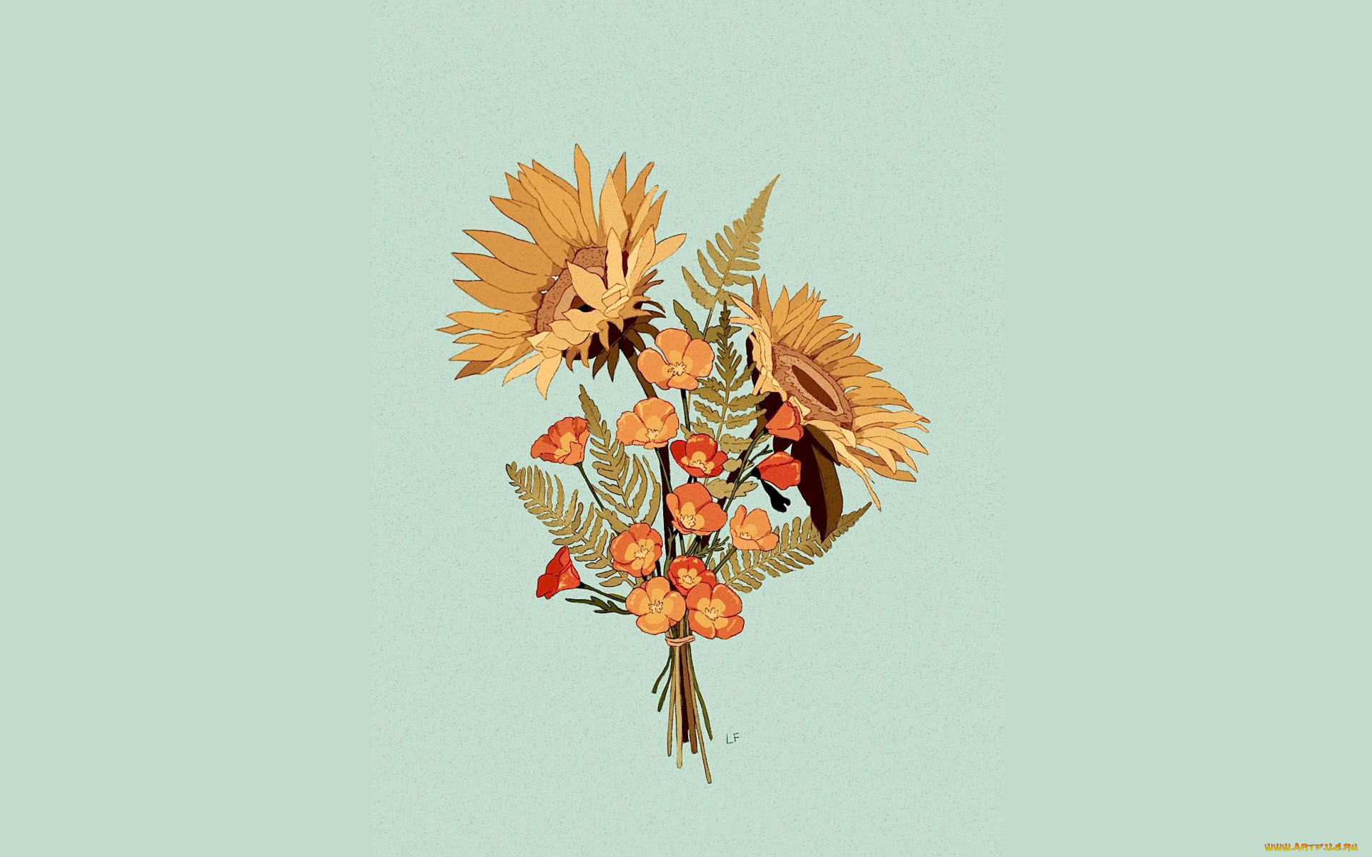 рисованное, цветы, букет, подсолнухи