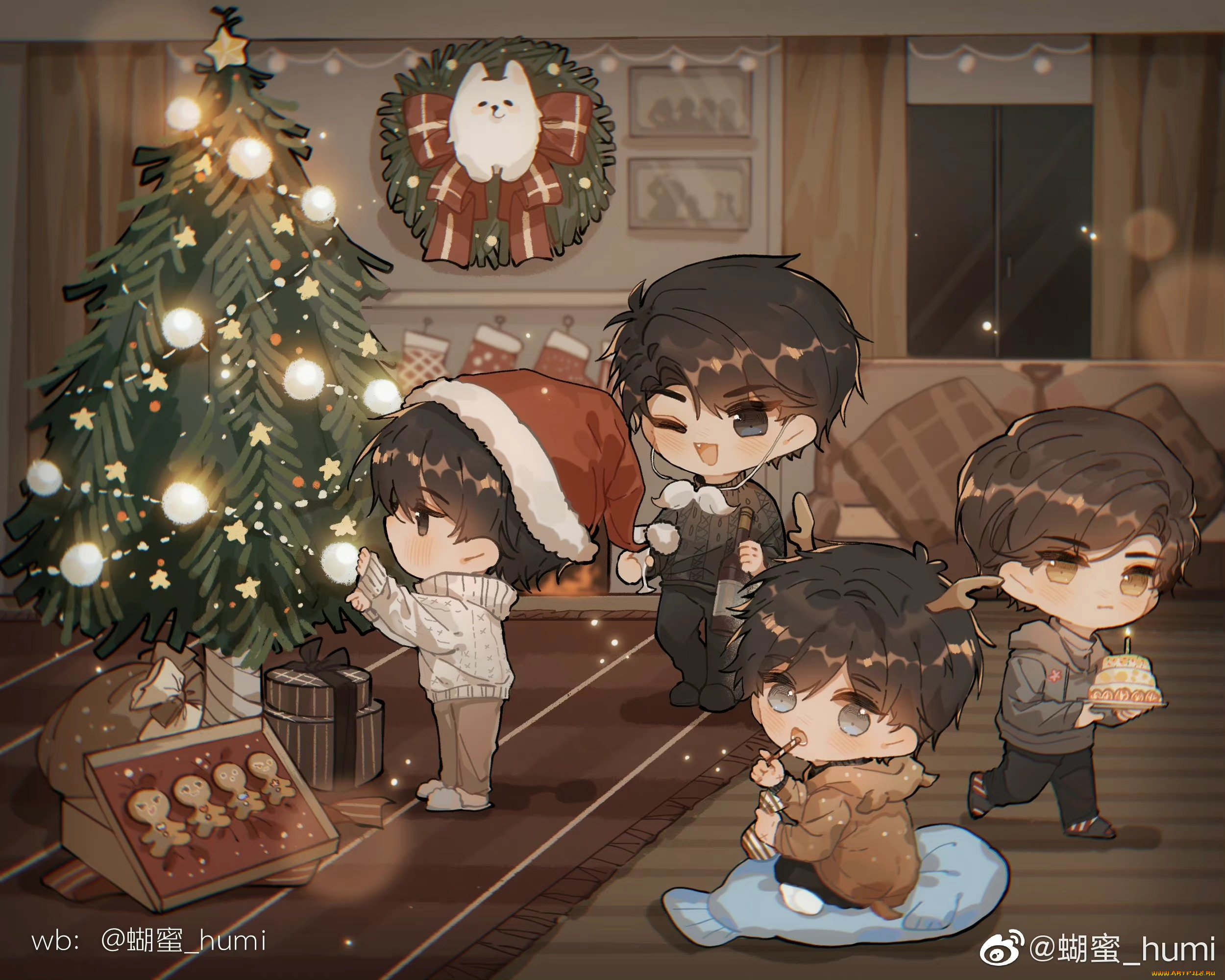 аниме, зима, , новый, год, , рождество, ёлка, новый, год, чиби