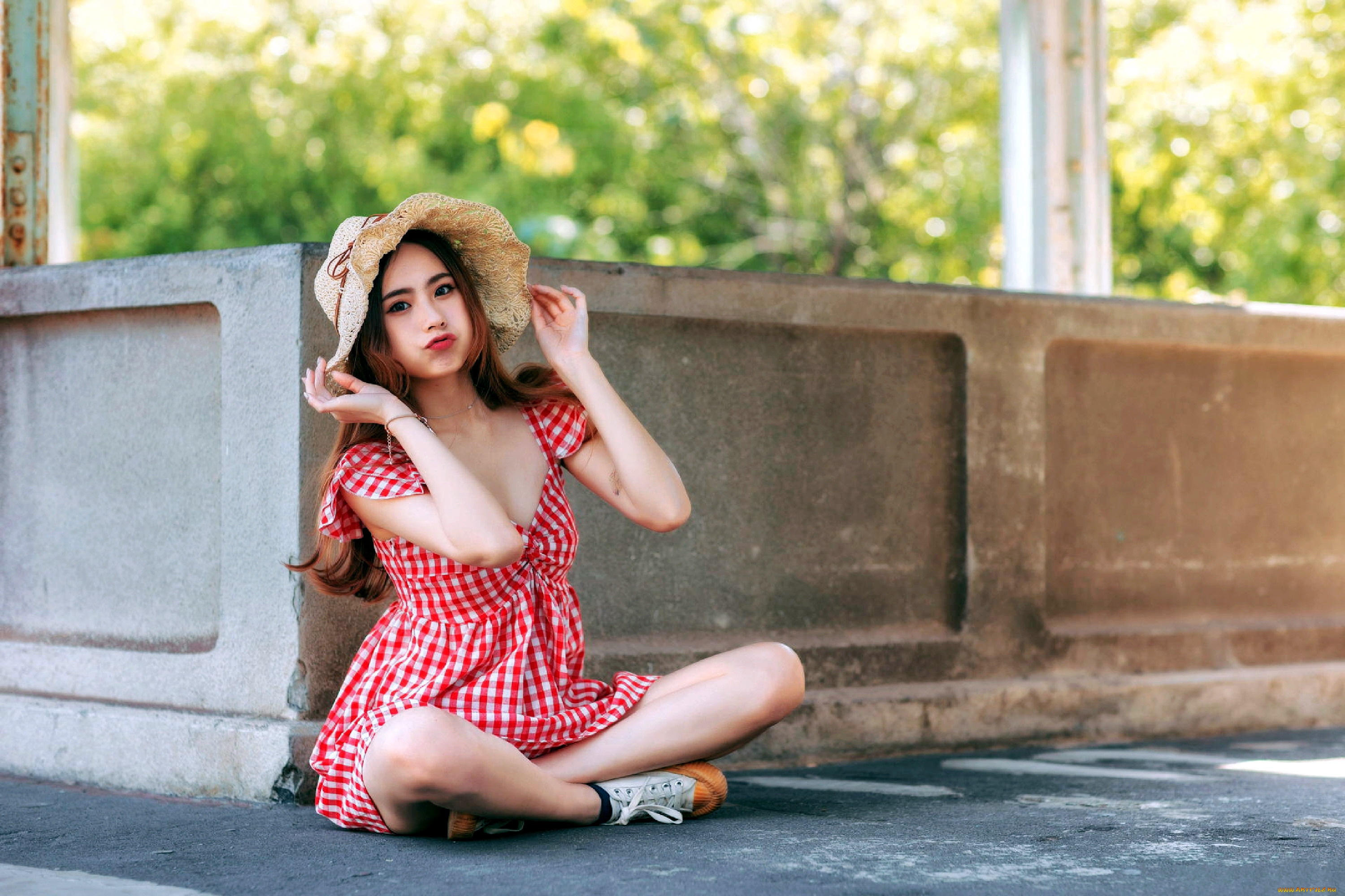 девушки, -, азиатки, азиатка, платье, шляпа