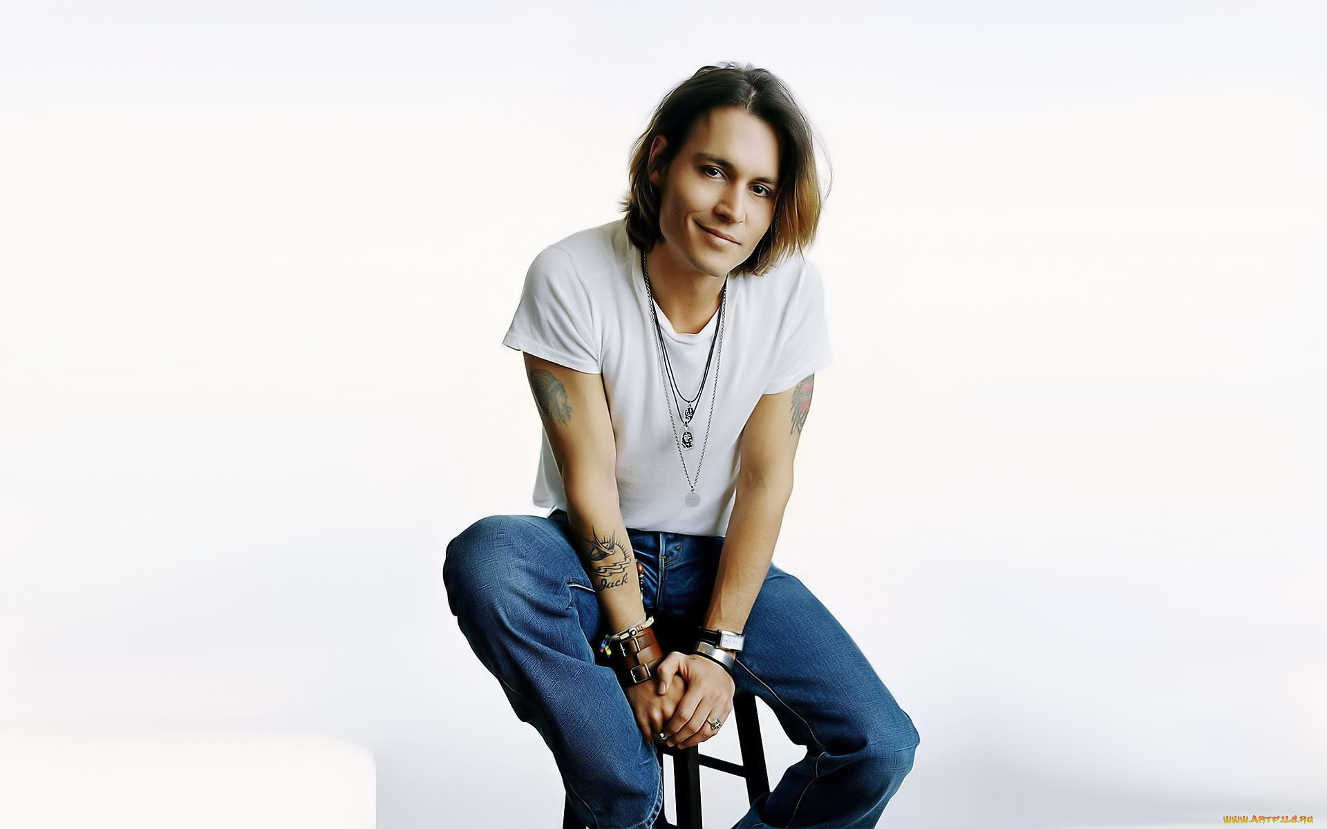 мужчины, johnny, depp, актер, футболка, джинсы, стул