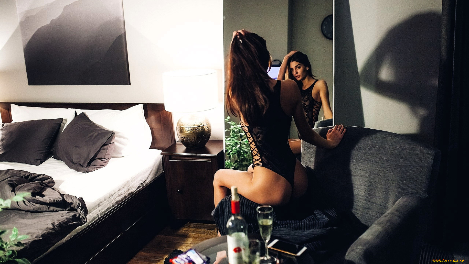 девушки, -, брюнетки, , шатенки, шатенка, боди, кресло, зеркало, кровать