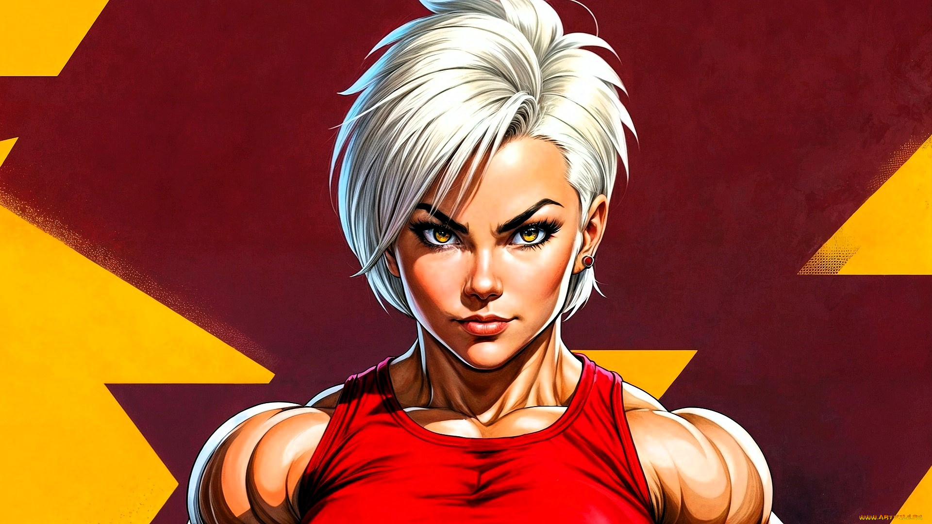 рисованное, комиксы, девушка, блондинка, лицо, майка, мышцы