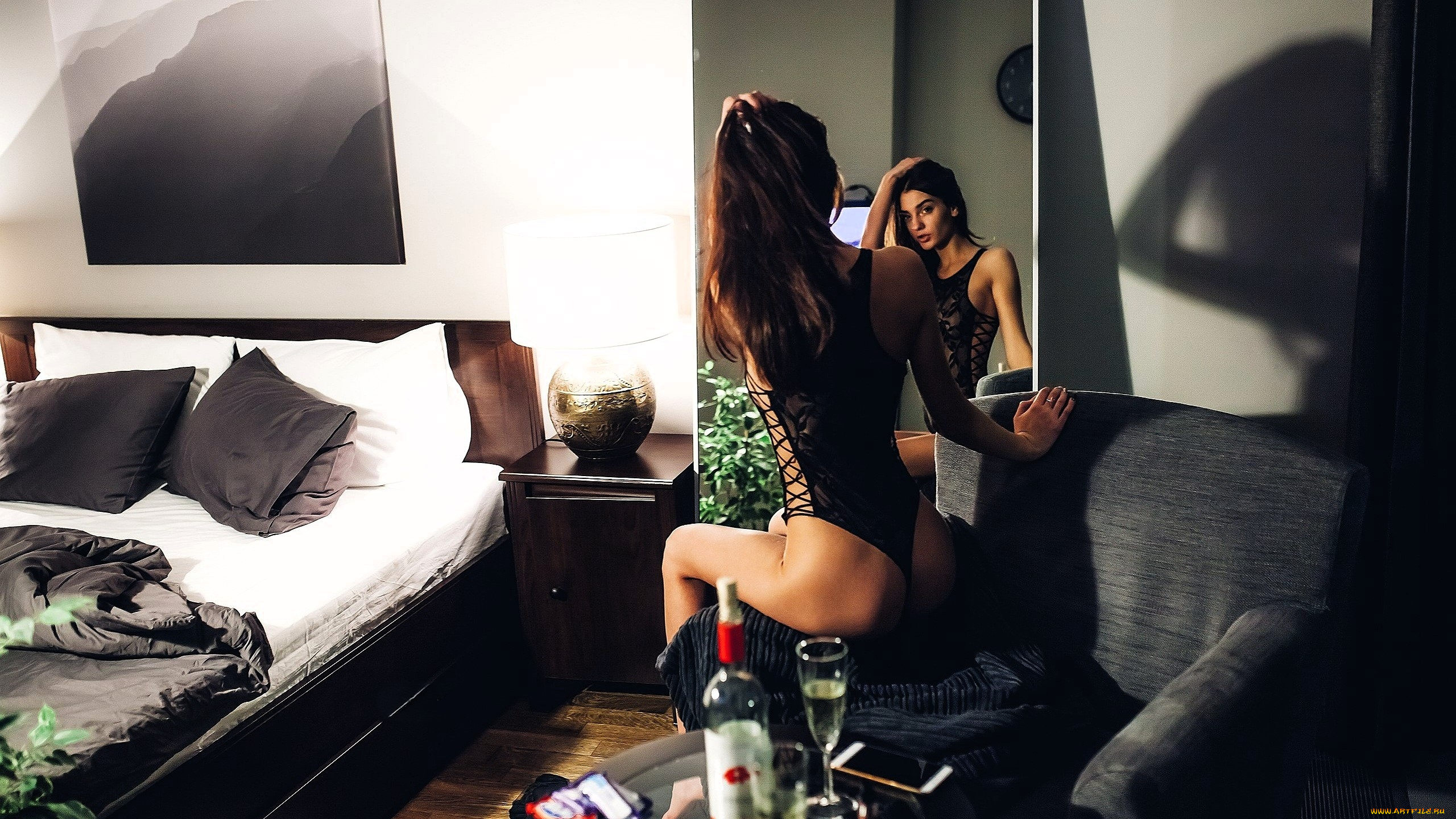 девушки, -, брюнетки, , шатенки, шатенка, боди, кресло, зеркало, кровать