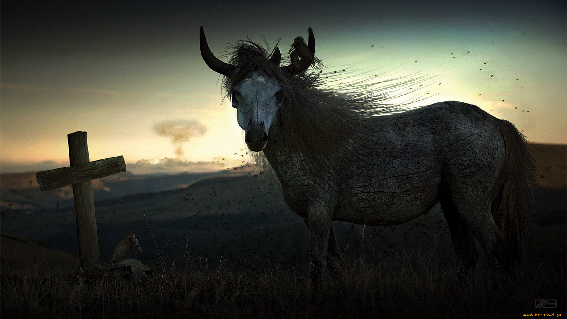 3д, графика, religion, религия, рога, животное, крест, ночь