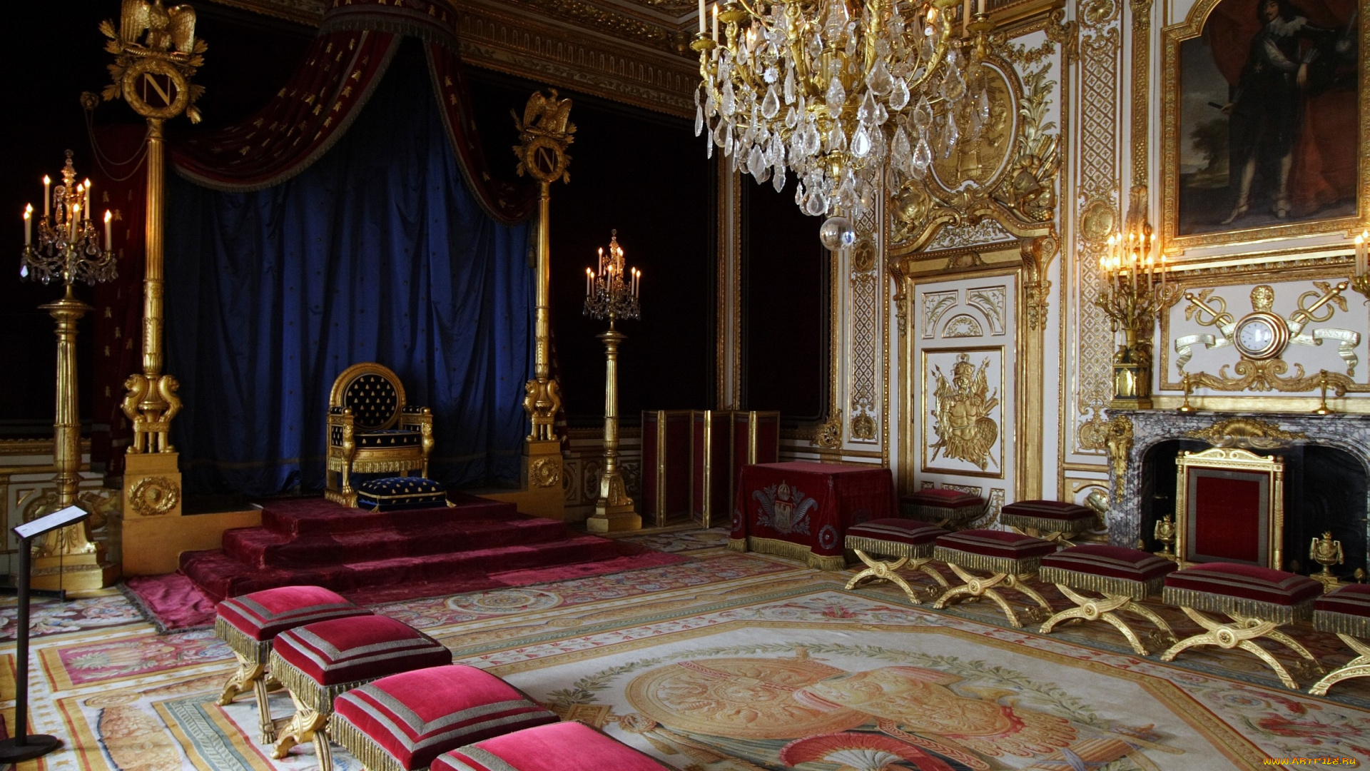 тронный, зал, замка, фонтенбло, франция, интерьер, дворцы, музеи, картина, позолота, ковер, трон, стулья, люстра