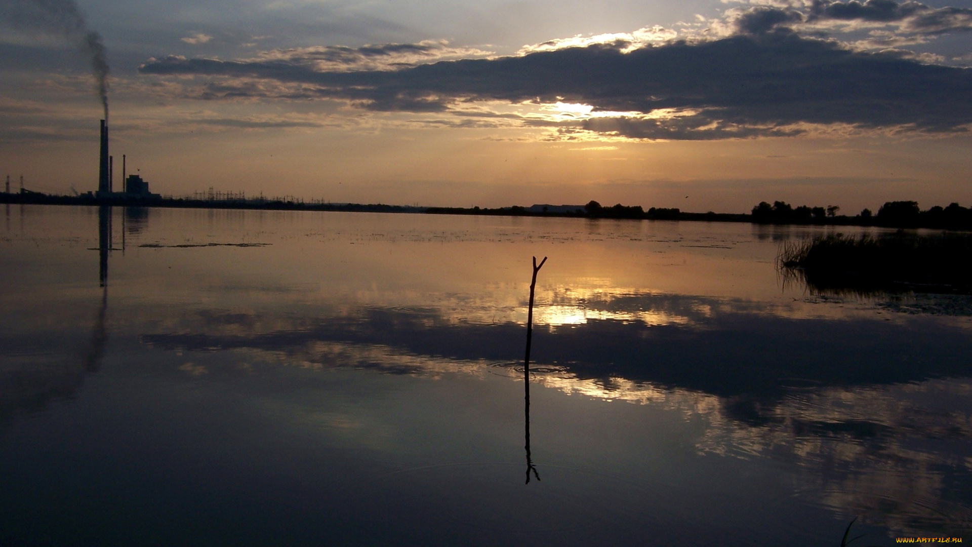 вечерний, штиль, природа, восходы, закаты, вечер, электростанция, река