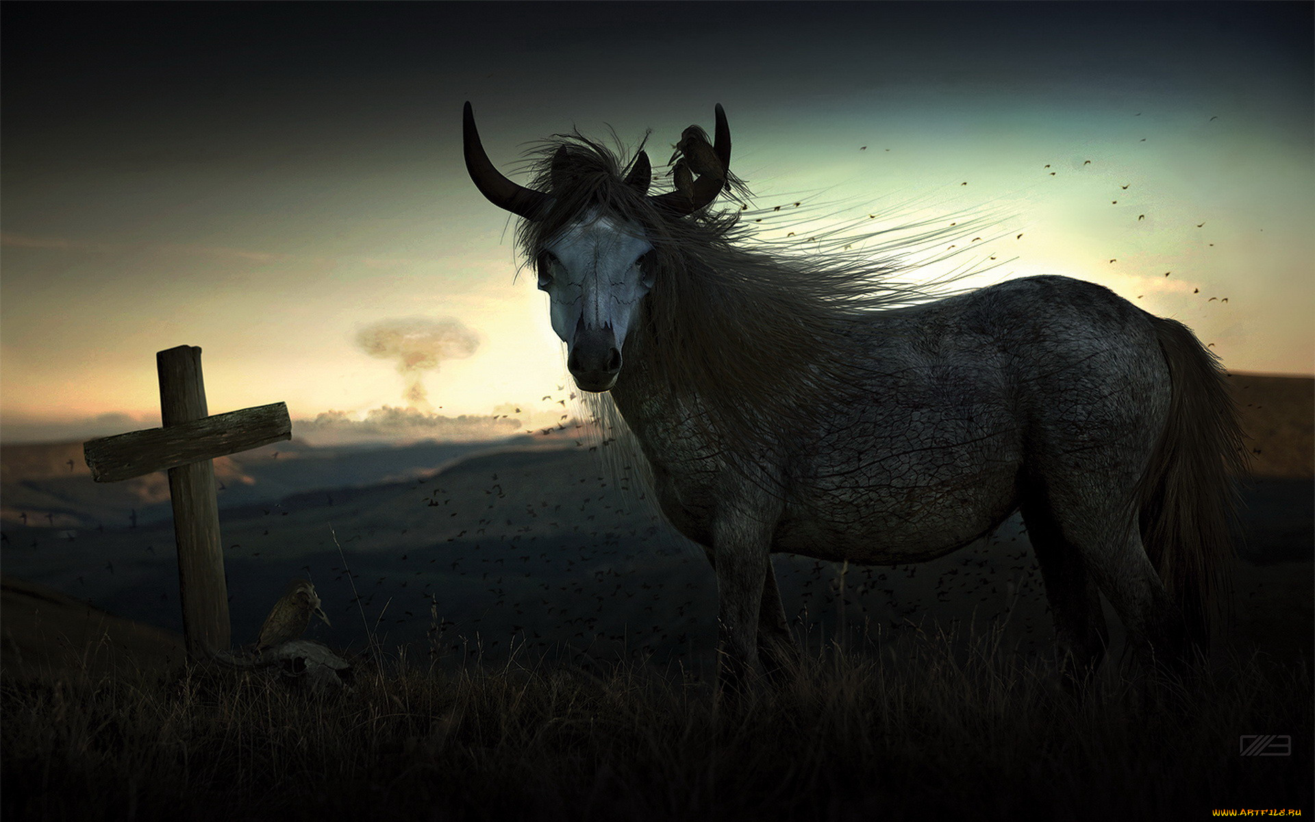 3д, графика, religion, религия, рога, животное, крест, ночь