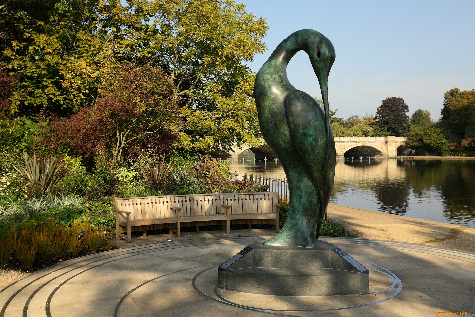 города, памятники, скульптуры, арт, объекты, скульптура, аист, мост, река