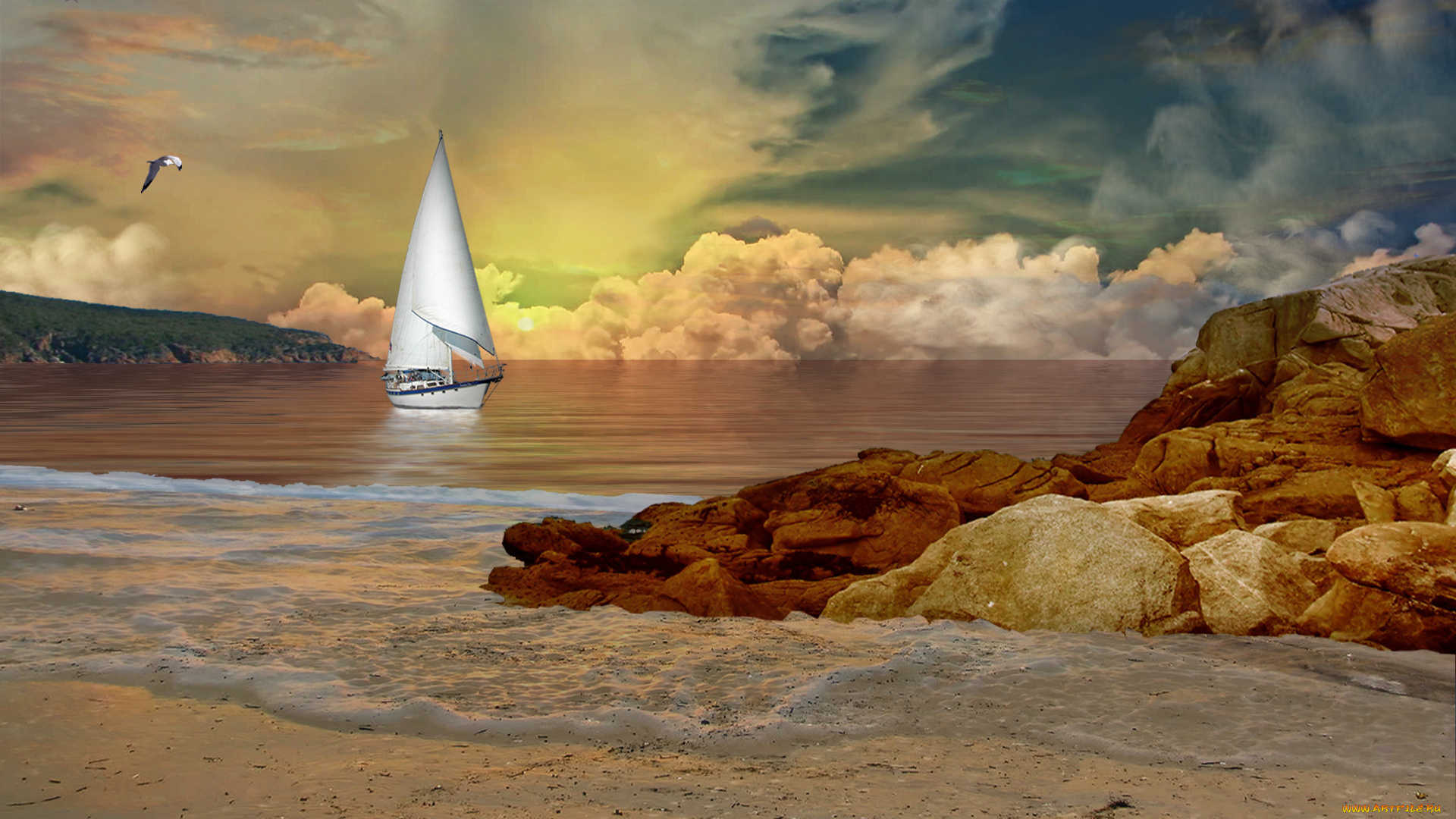 evening, sail, 3д, графика, sea, undersea, море, яхта, скалы, берег