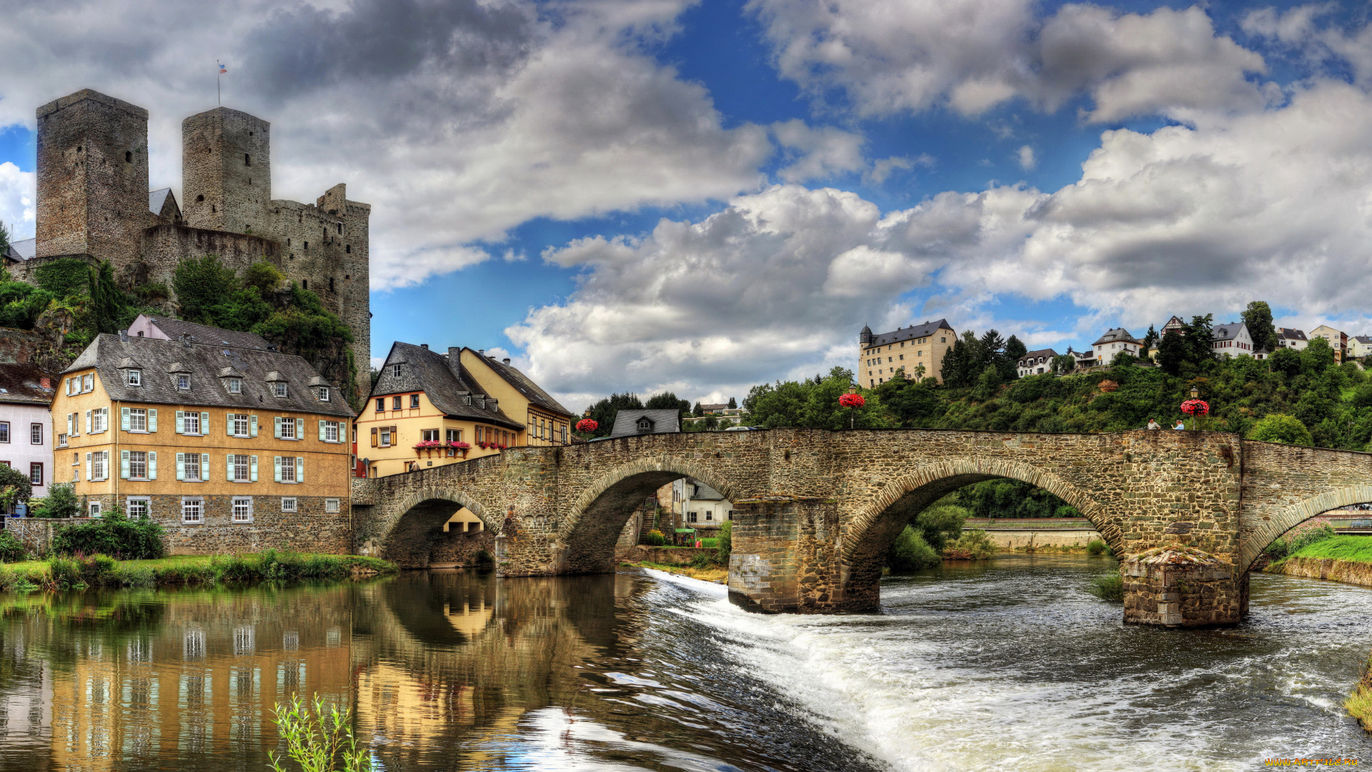 германия, рункель, города, мосты, река, мост, дома