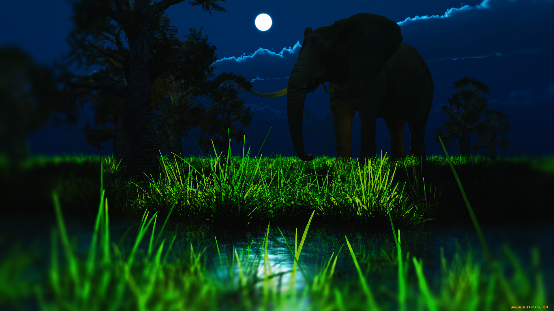 in, pursuit, of, tusker, 3д, графика, animals, животные, слон, луна, ночь
