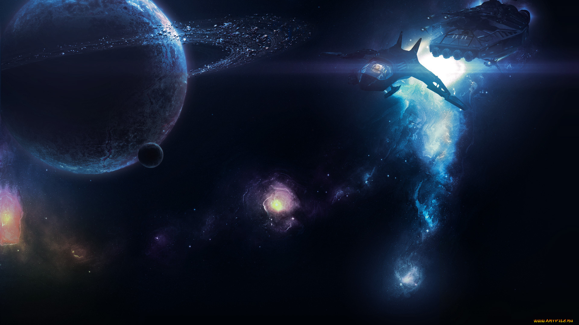космос, арт, планета, звездолет