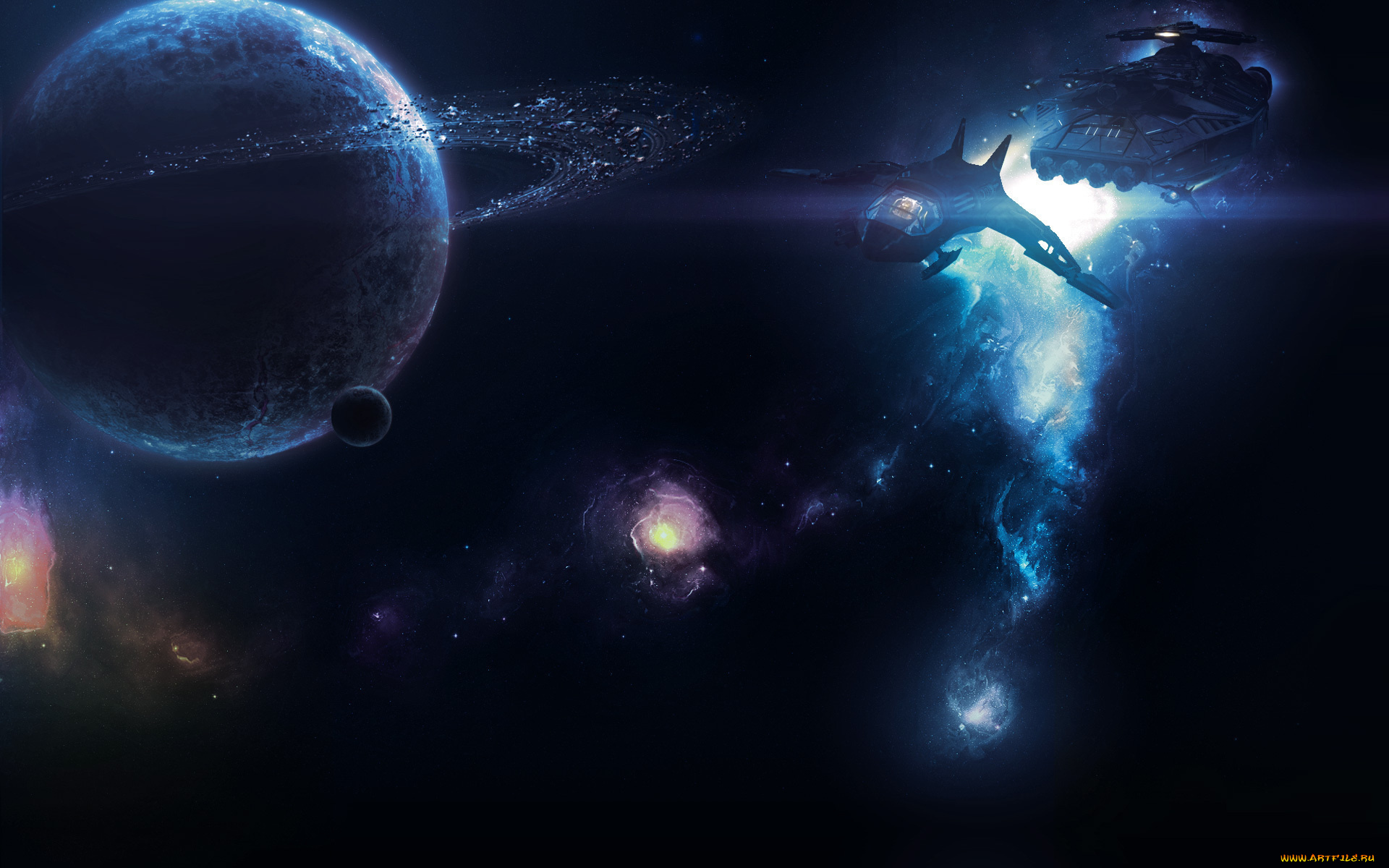космос, арт, планета, звездолет