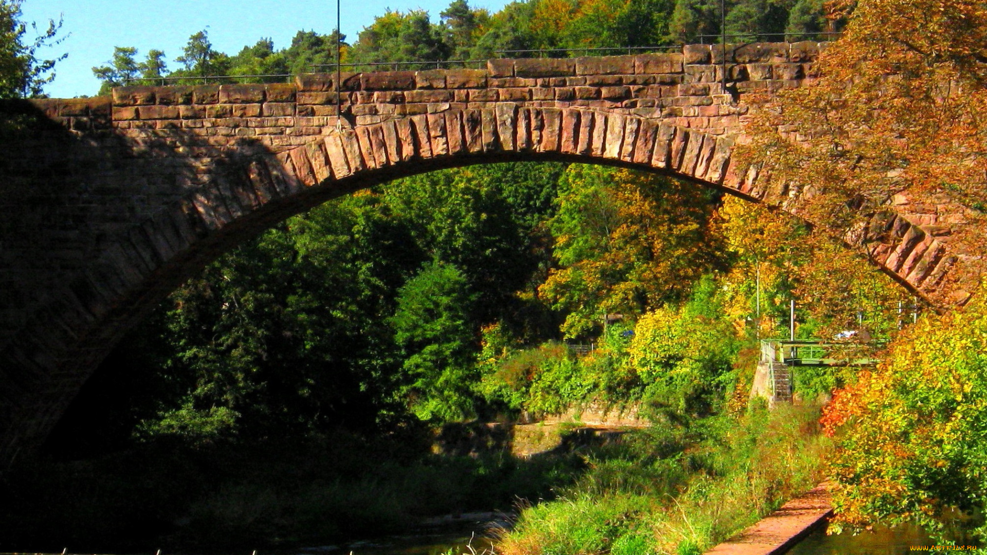 природа, реки, озера, арка, каменный, мост, трава, лес, река