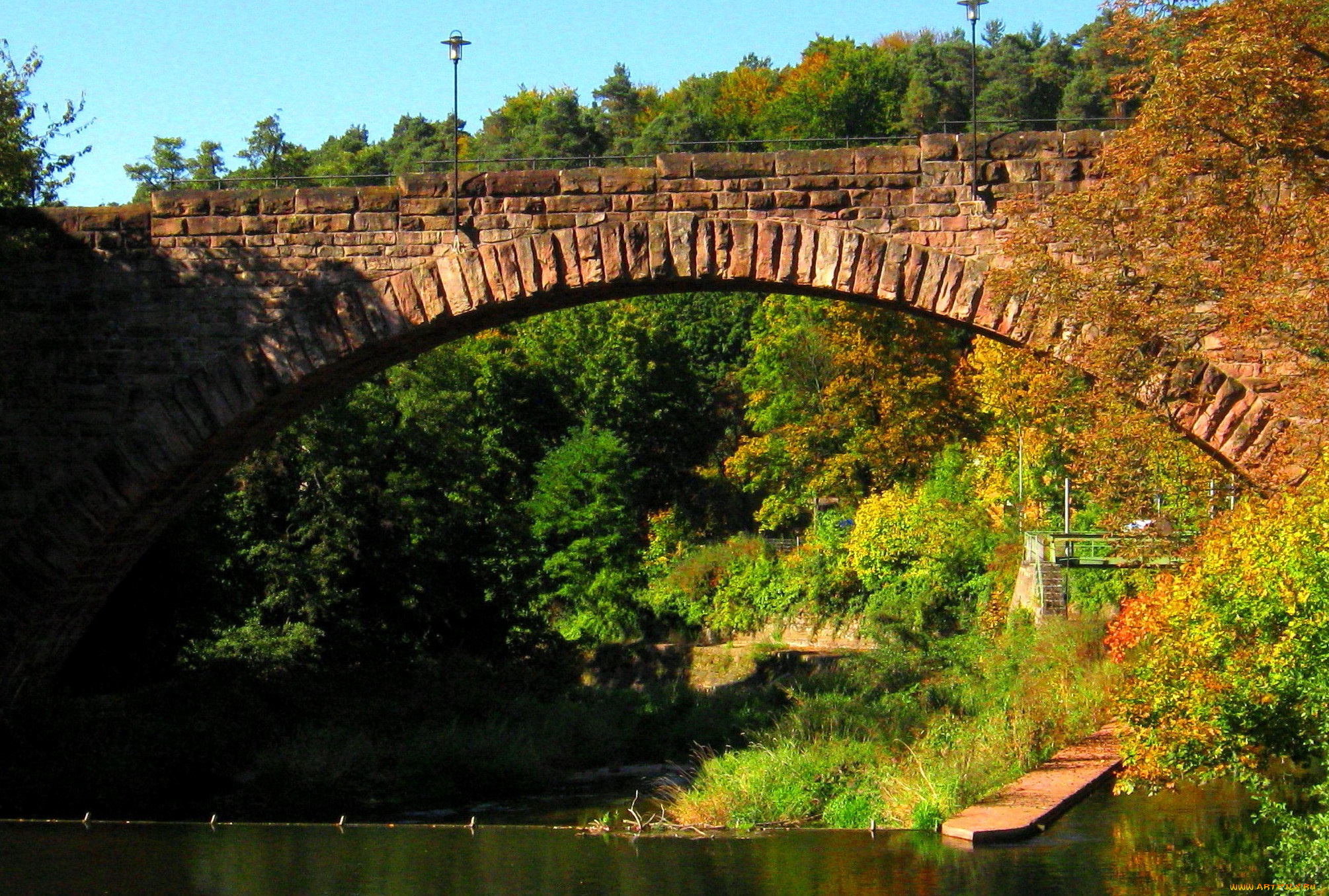 природа, реки, озера, арка, каменный, мост, трава, лес, река