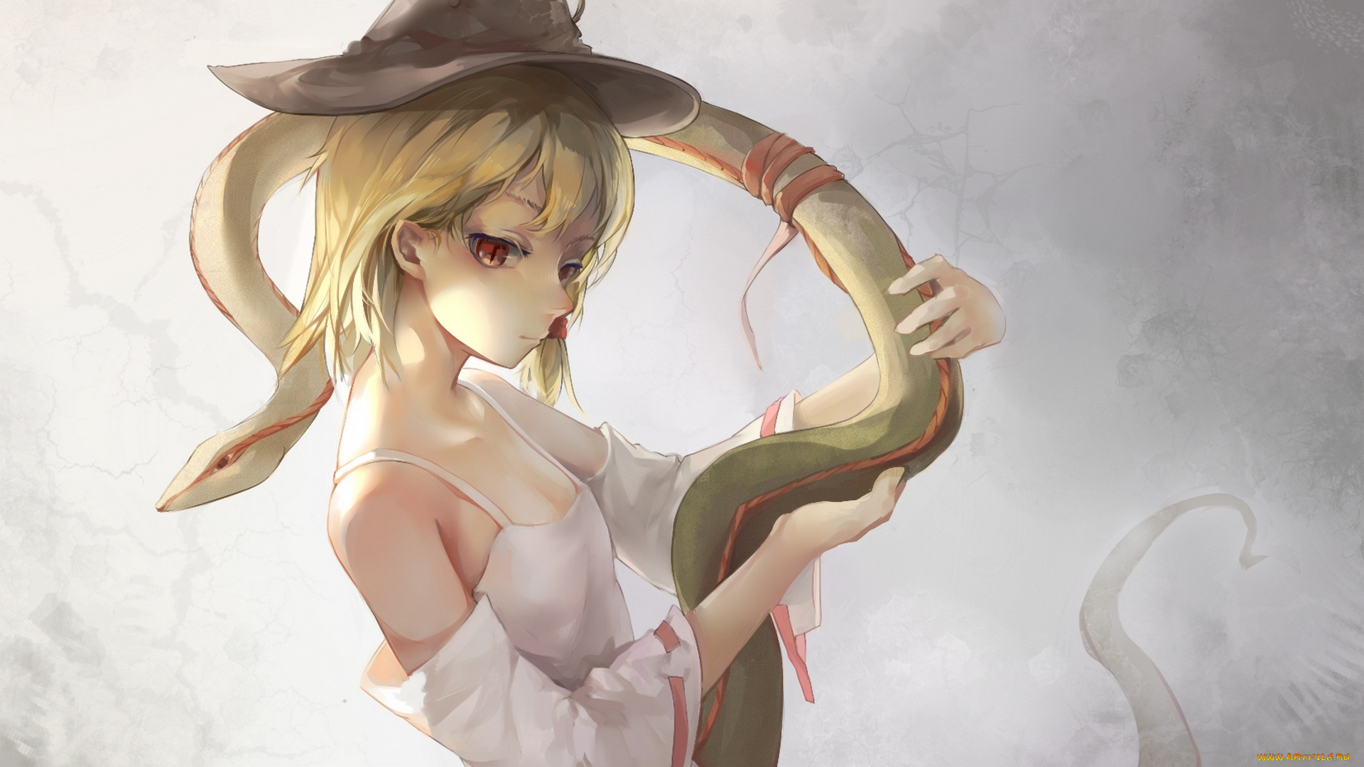 аниме, touhou, девушка, moriya, suwako, gensou, kuro, usagi, арт, шляпа, змея