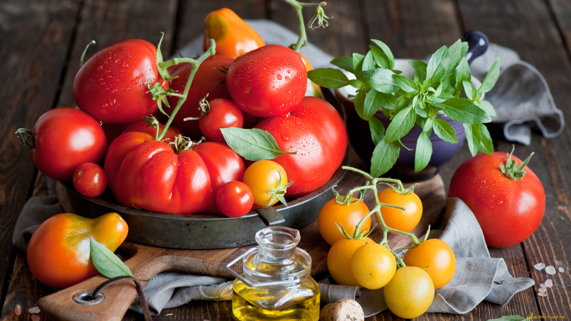 еда, помидоры, томаты, масло, базилик