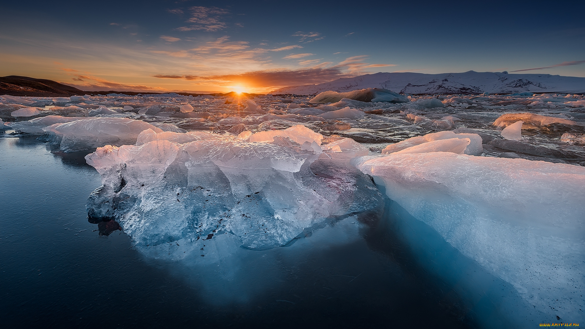 природа, айсберги, и, ледники, солнце, лед, вода, рассвет, снег
